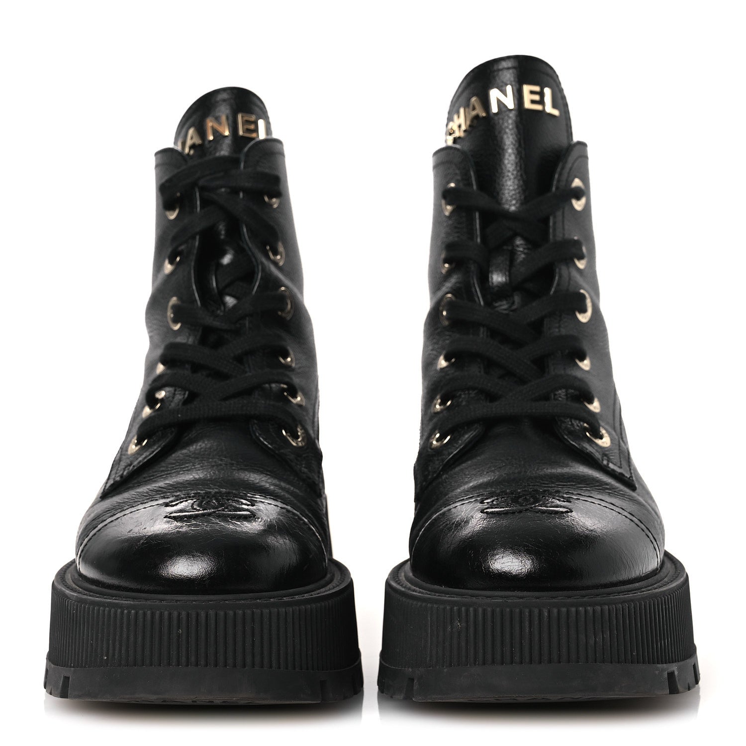 Grained Calfskin Shiny Calfskin CC Lace Up Combat Boots 37.5 Black