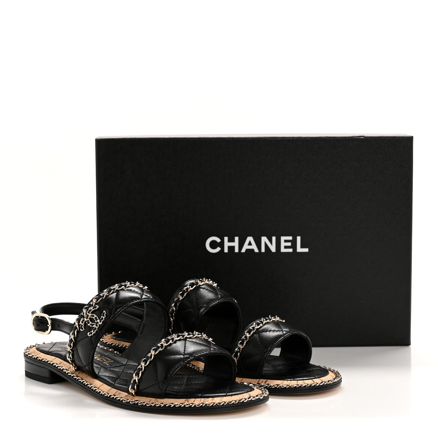 Shiny Lambskin Quilted Chain CC Sandals 36.5 Black
