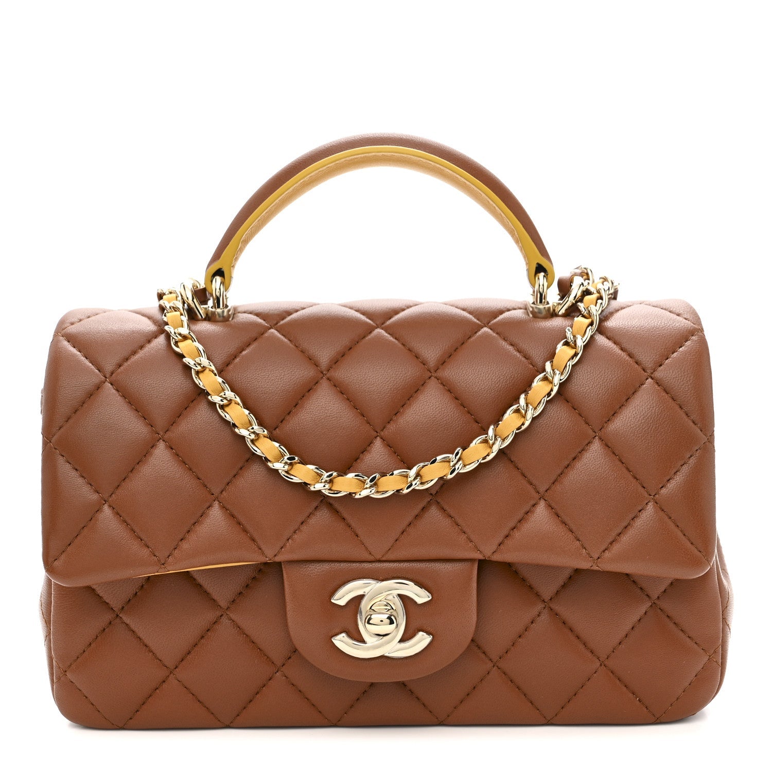 Lambskin Quilted Bi-Color Mini Top Handle Rectangular Flap Light Brown Yellow