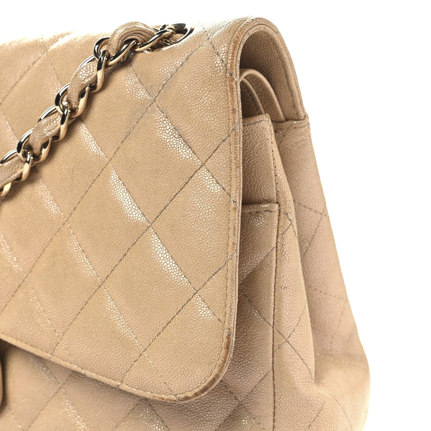 Iridescent Caviar Quilted Jumbo Double Flap Beige