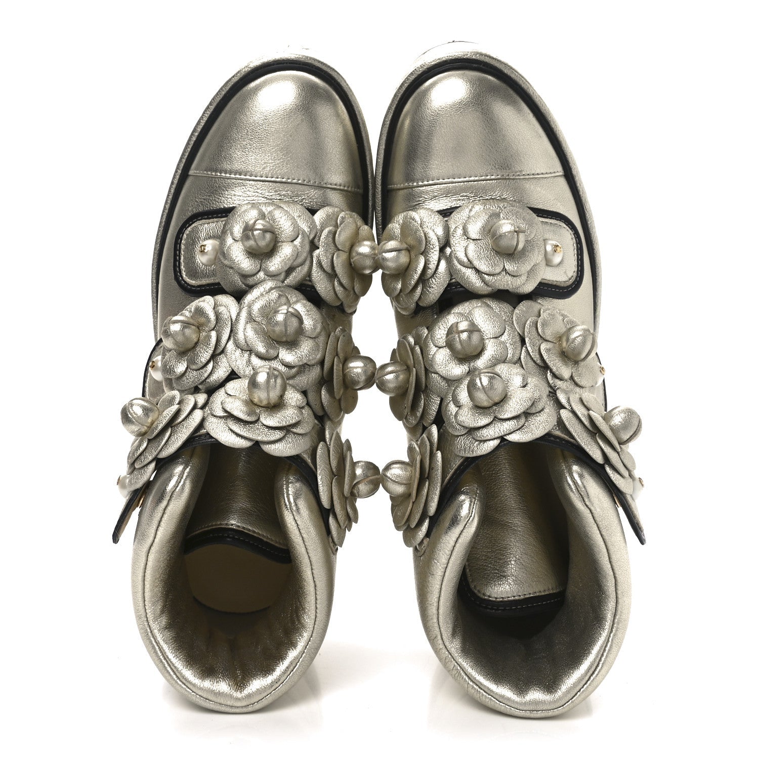 Metallic Lambskin Camellia High Top Sneakers 39.5 Gold