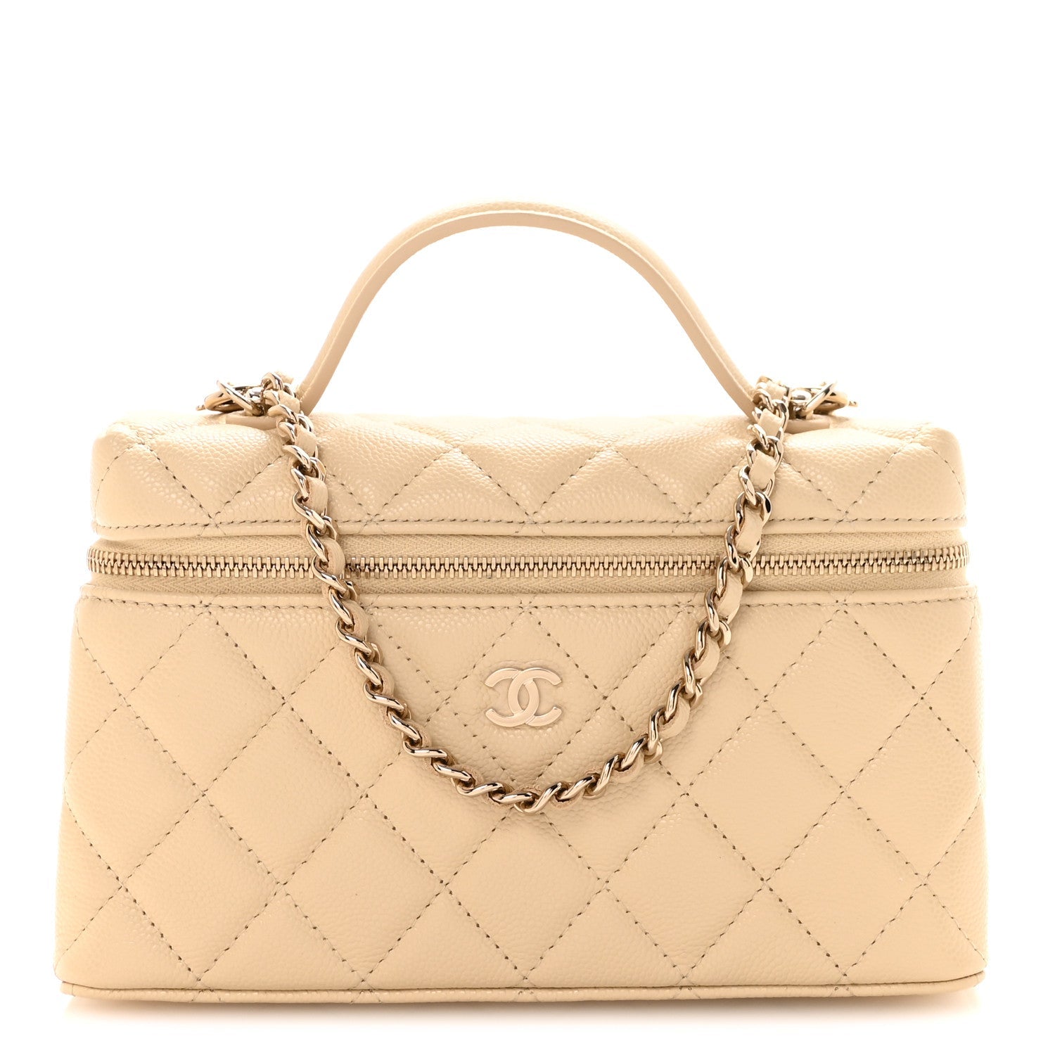 Caviar Quilted Top Handle Slim Vanity With Chain Beige