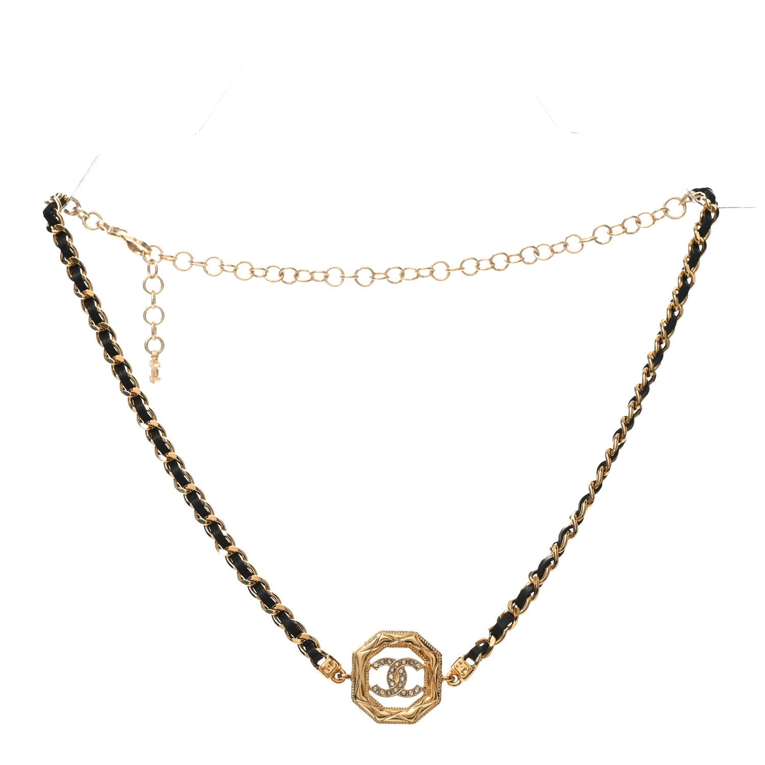 Metal Calfskin Crystal Chain CC Choker Necklace Black Gold