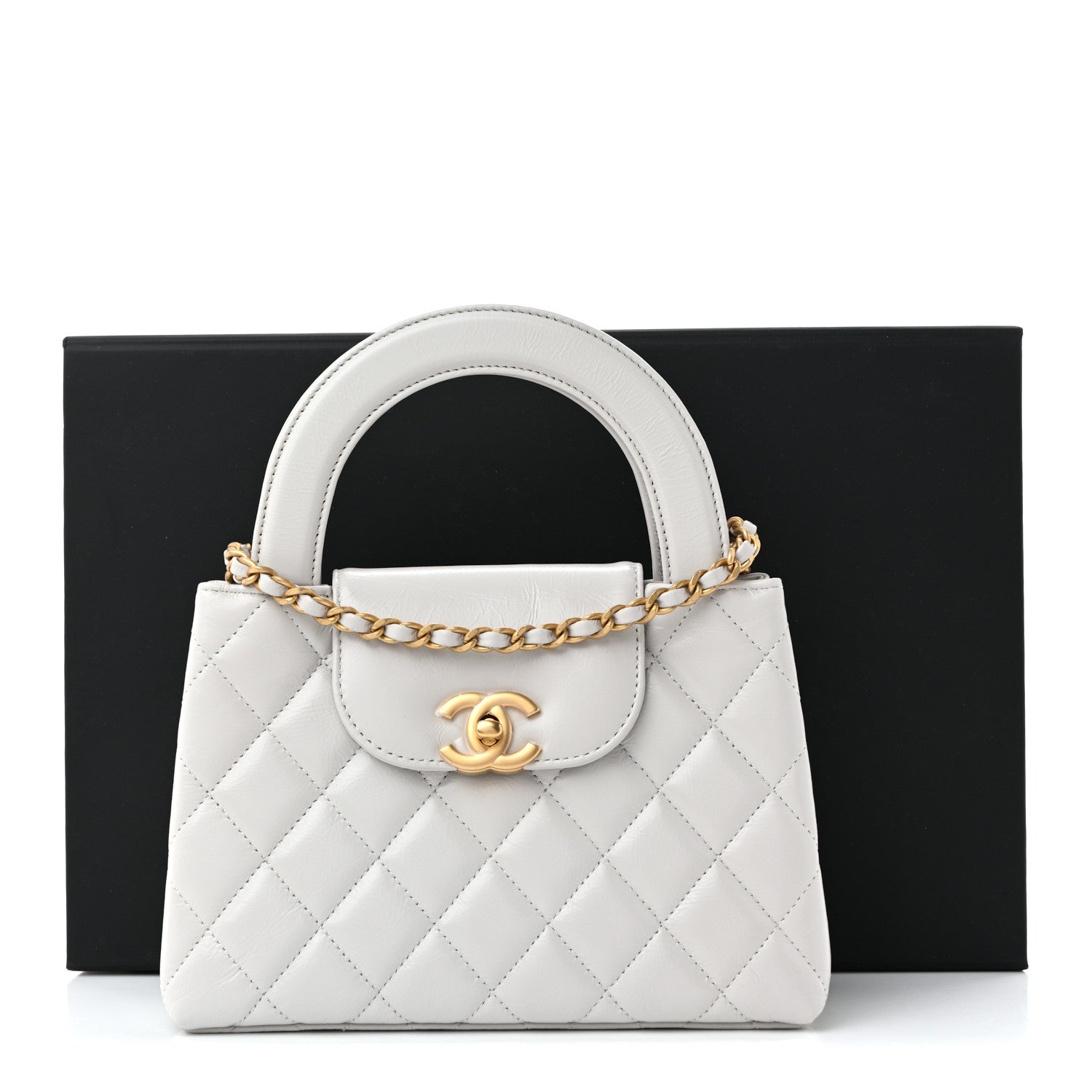 Shiny Aged Calfskin Quilted Nano Kelly Shopper Light Grey