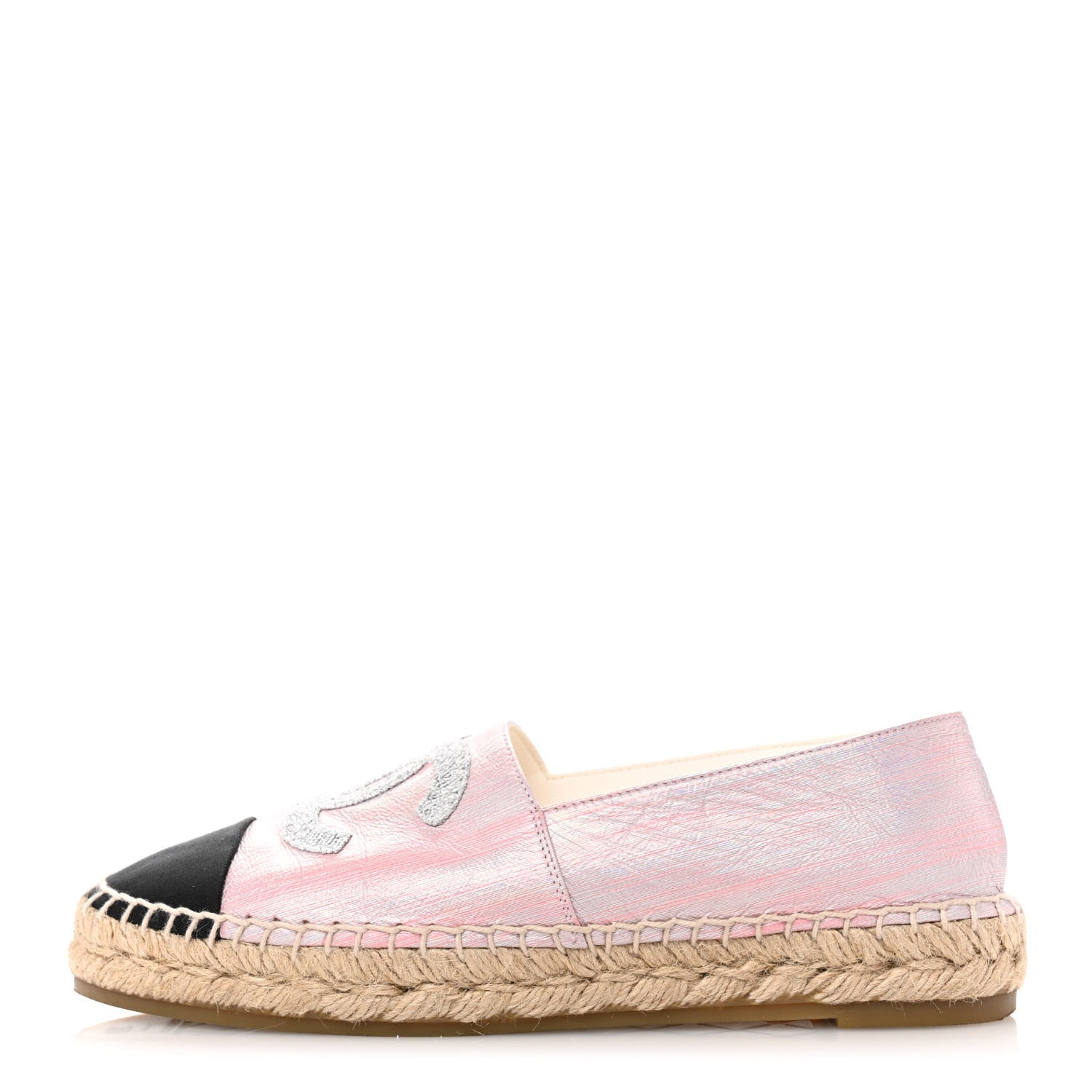 Laminated Lambskin Grosgrain Embroidered CC Espadrilles 39 Pink Silver Black