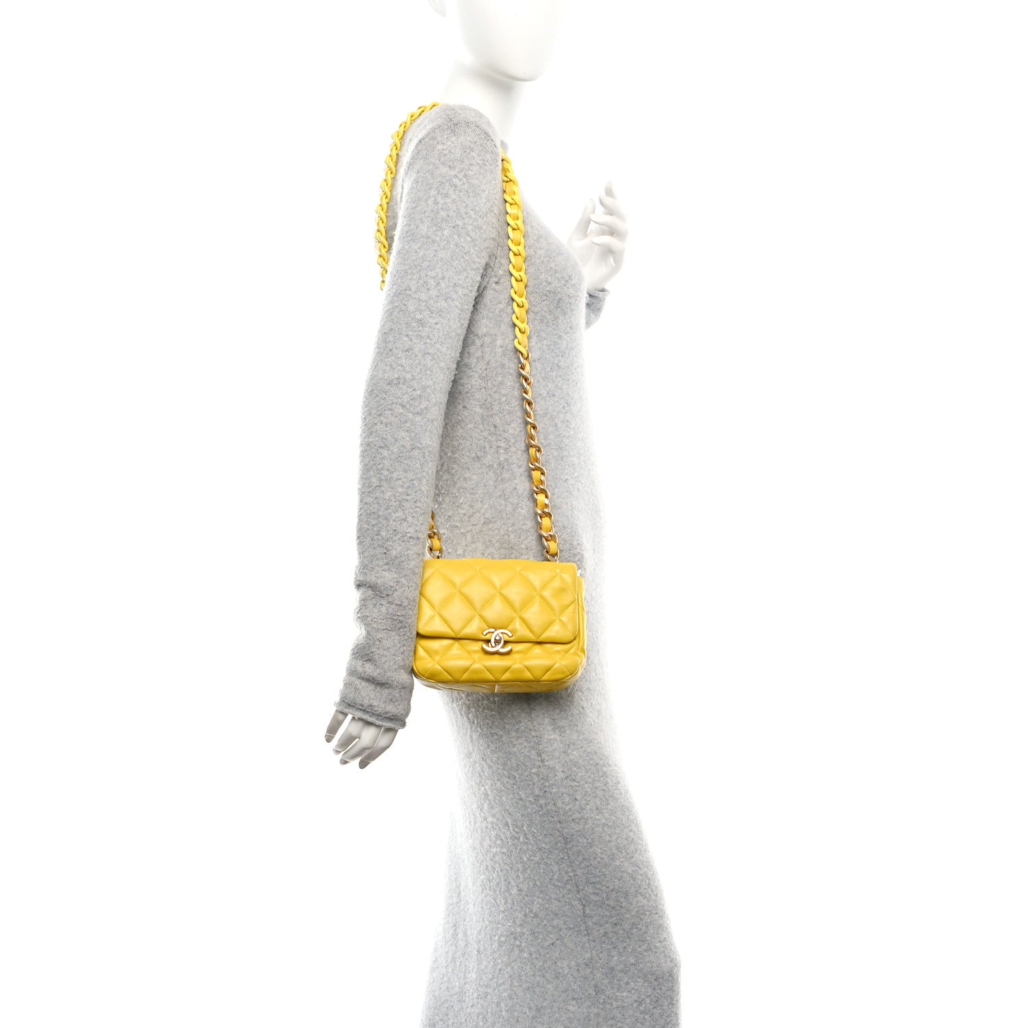 Lambskin Quilted Mini Lacquered Chain Flap Yellow