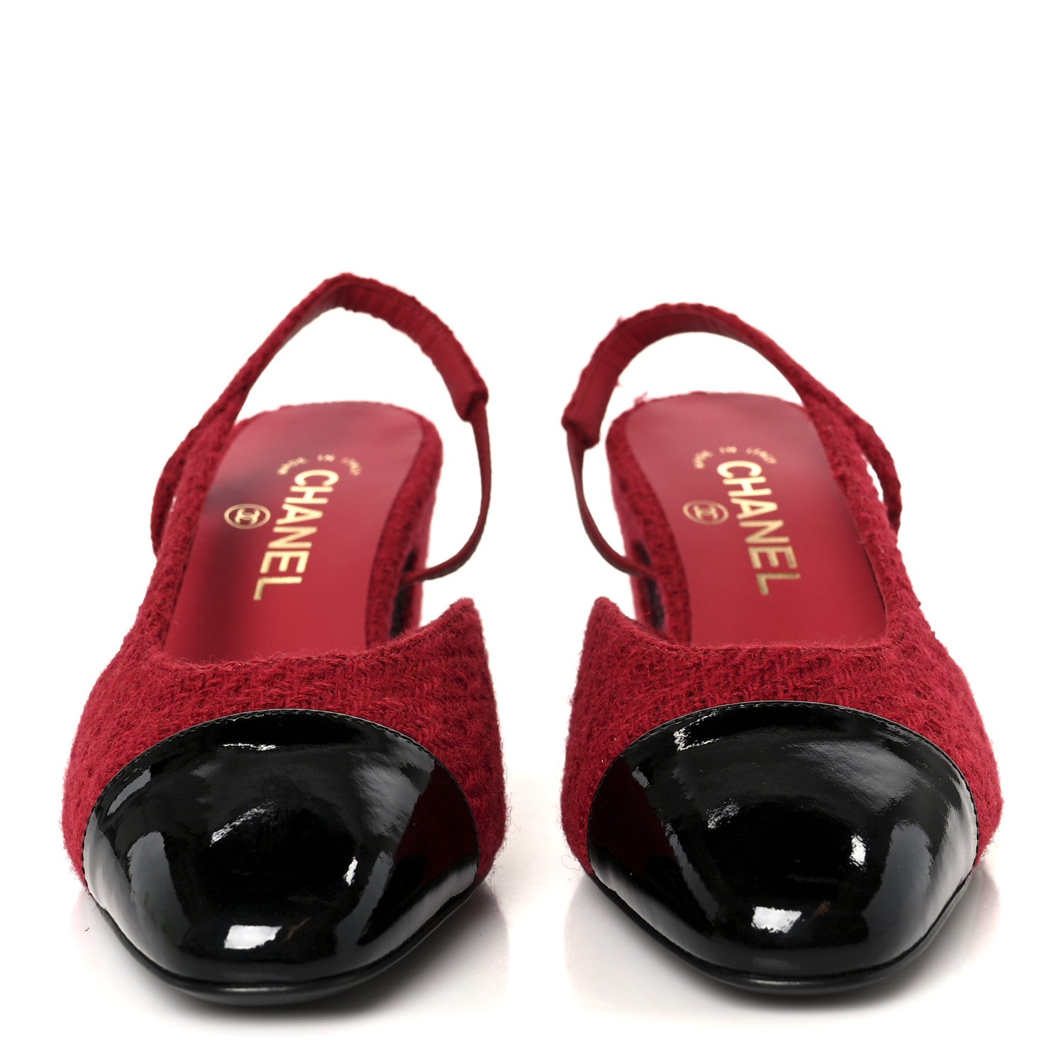 Tweed Patent Cap Toe CC Slingback Pumps 38.5 Red Black