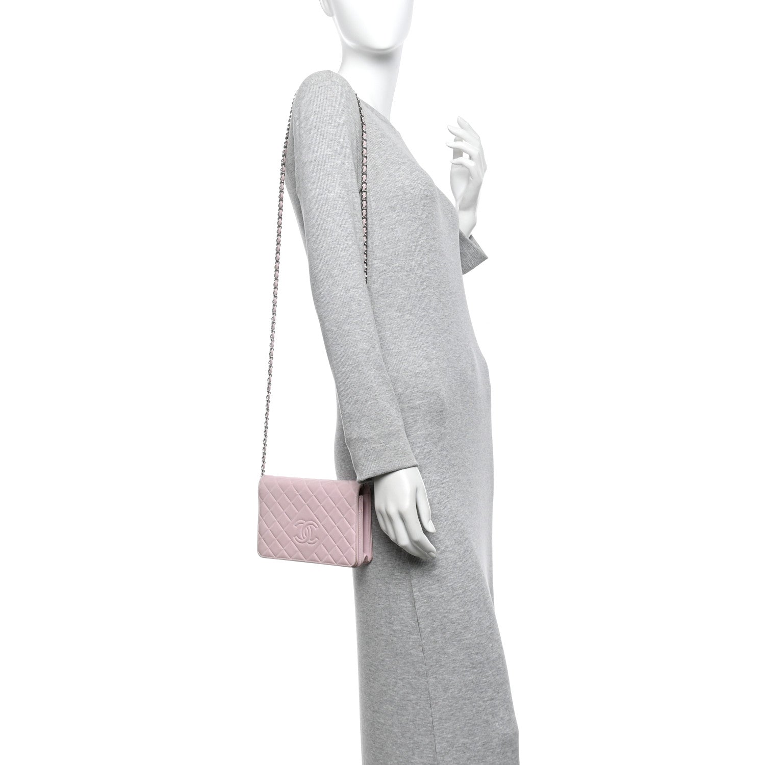 Lambskin Quilted Diamond CC Wallet On Chain WOC Pink