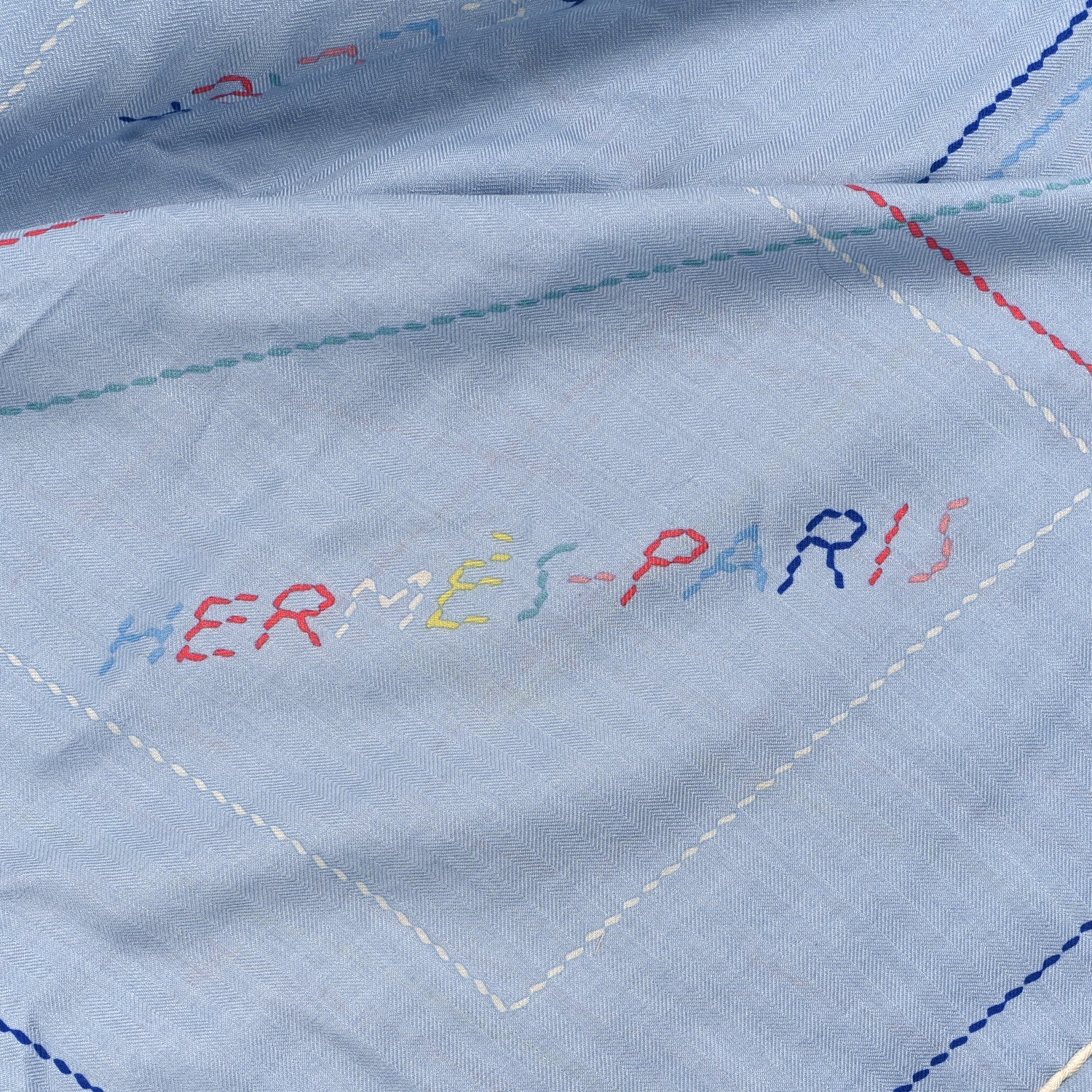 Cashmere Silk Embroidered Giant Pique Sellier Scarf 140 Bleu Ciel Rose Jaune