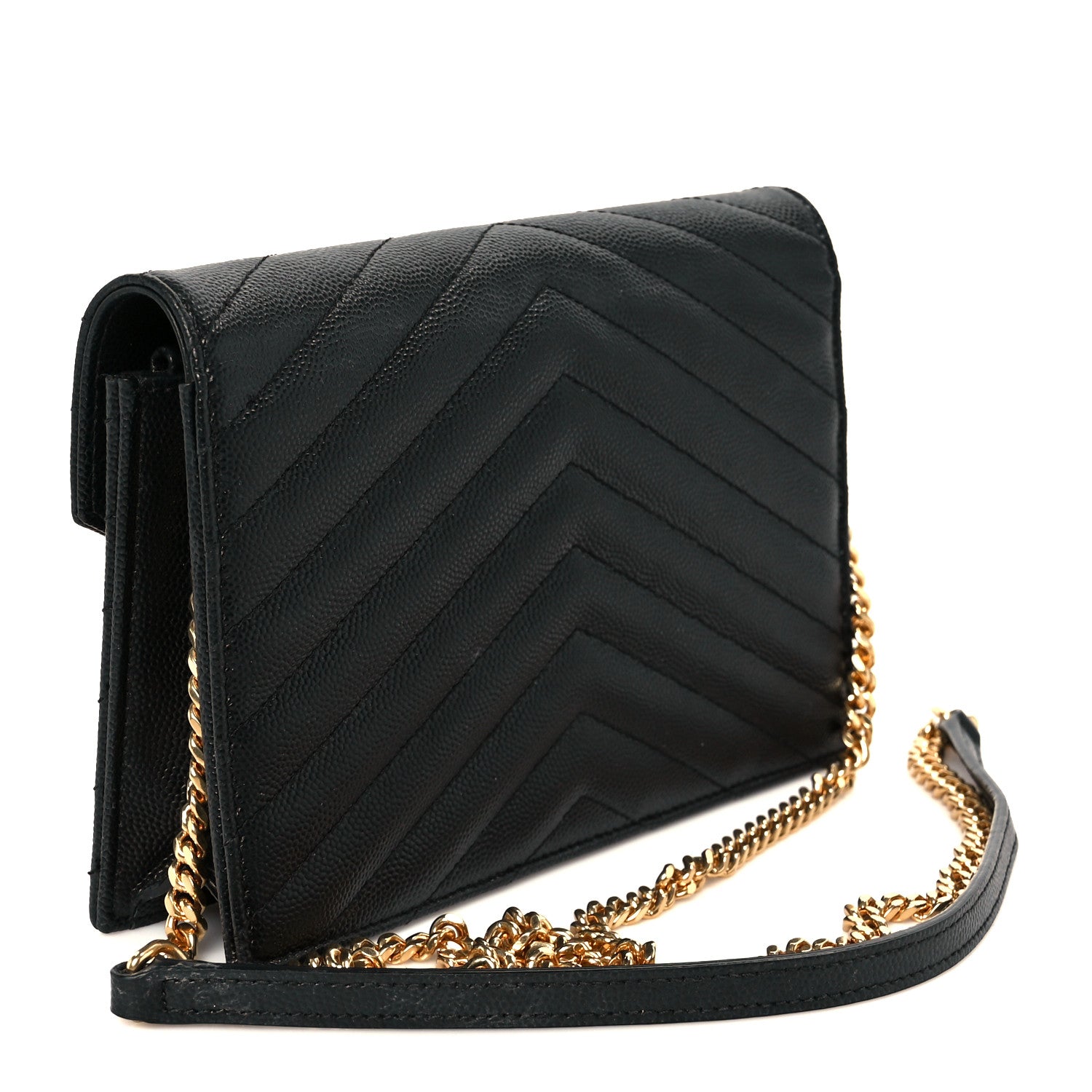 Grain De Poudre Matelasse Chevron Monogram Envelope Chain Wallet Black