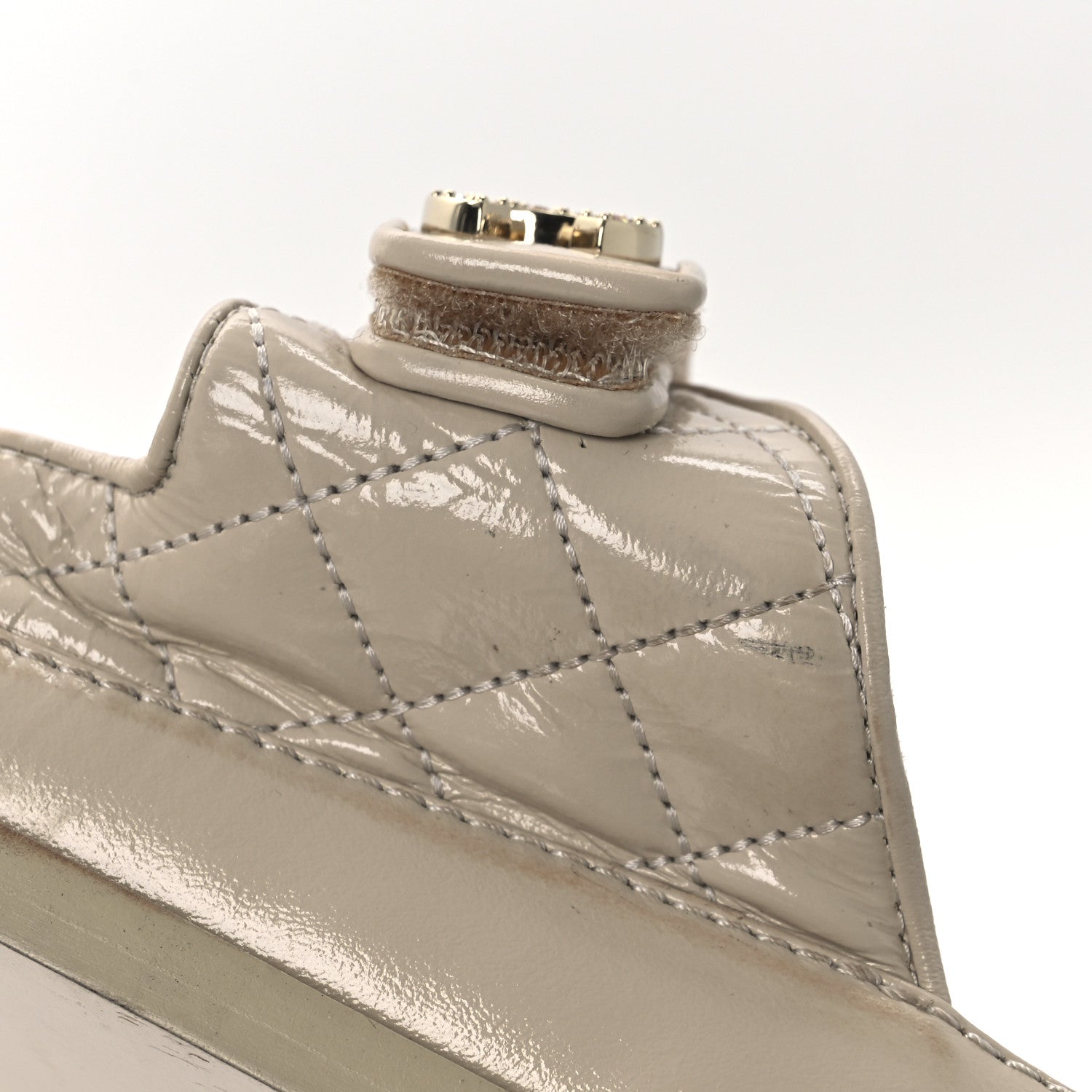 Shiny Calfskin Quilted Velcro Dad Crystal CC Slide Sandals 39 Beige