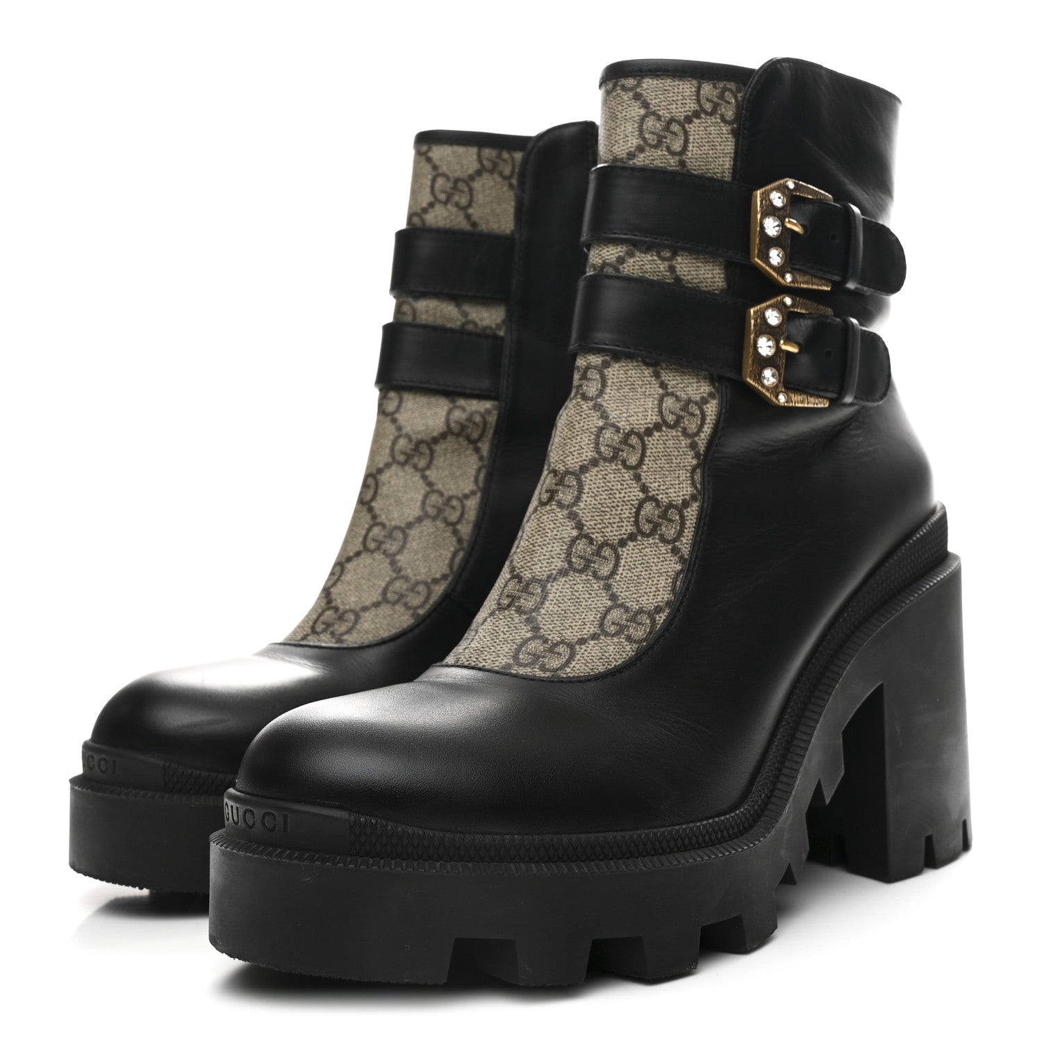 Kensington Calfskin Nappa GG Supreme Monogram Womens Double Buckle Ankle Boots 39 Black