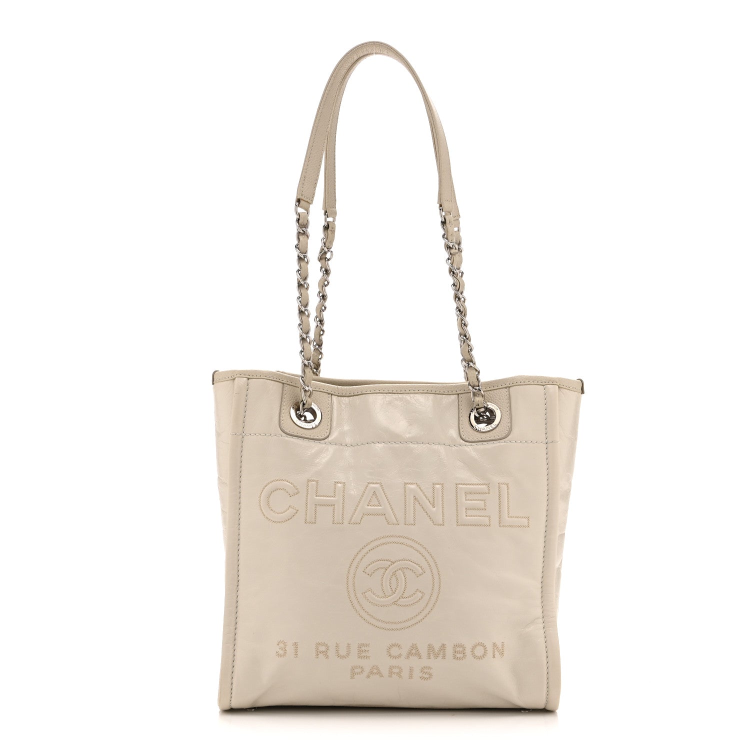 Glazed Calfskin Mini Deauville Tote White
