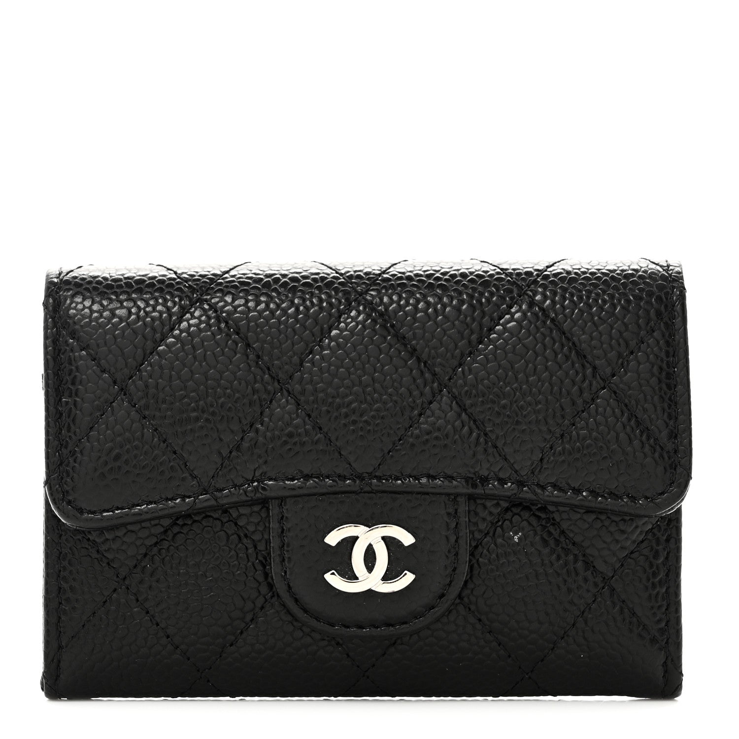 Caviar Quilted Flap Card Holder Wallet Black