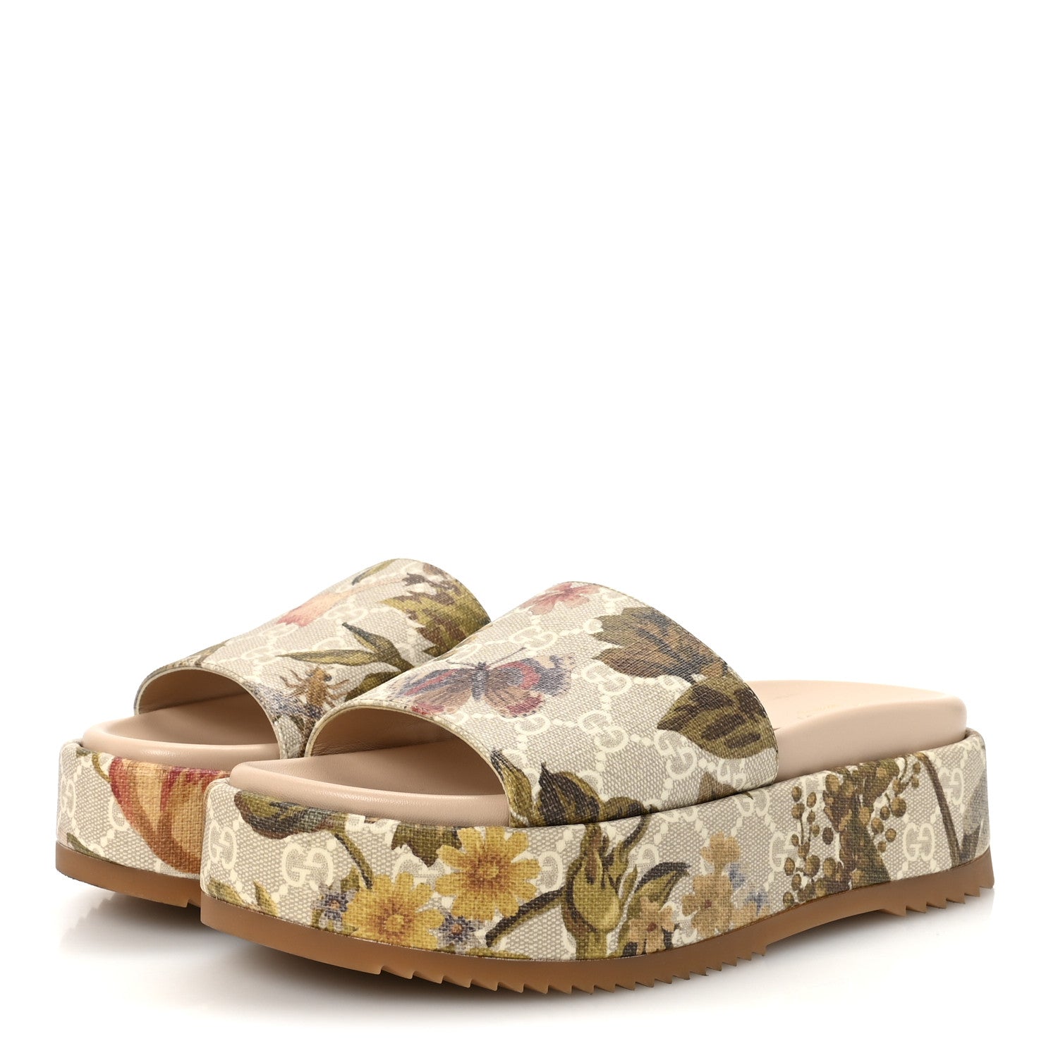 GG Supreme Monogram Water Flora Angelina Platform Slide Sandals 37.5 Beige White Multicolor