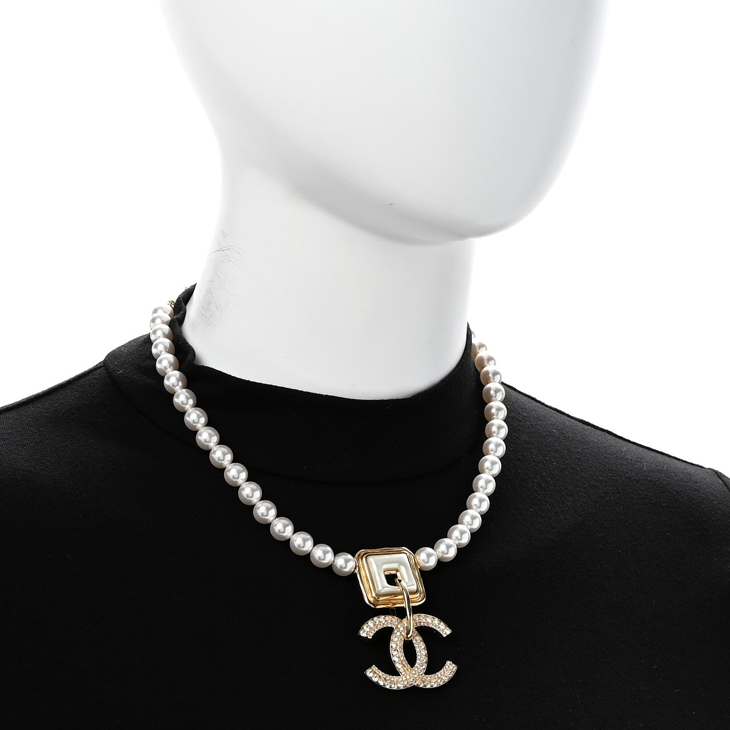 Pearl Crystal CC Square Choker Necklace Gold Pearly White