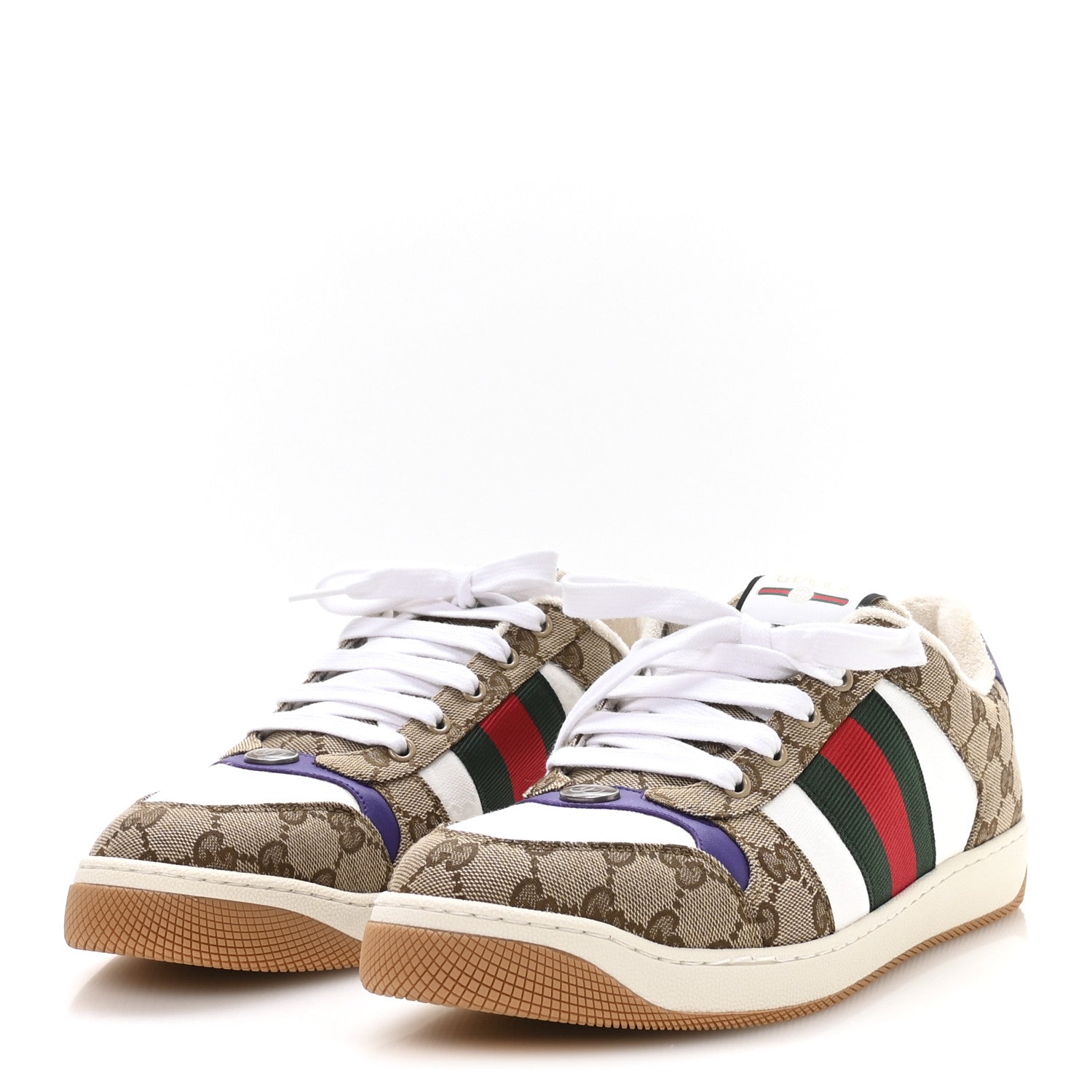 GG Supereme Monogram Calfskin Web Mens Screener Sneakers 10 Beige Ebony White Shine Purple