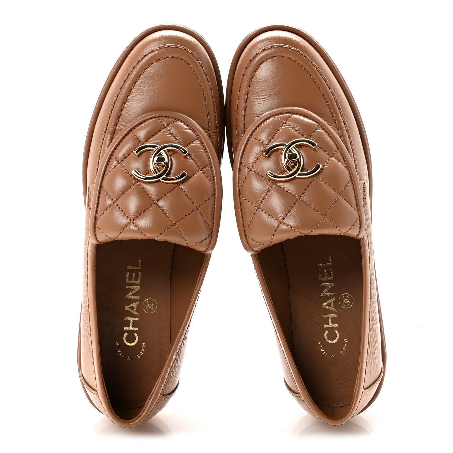 Crumpled Lambskin Quilted CC Turnlock Moccasins 37 Dark Beige