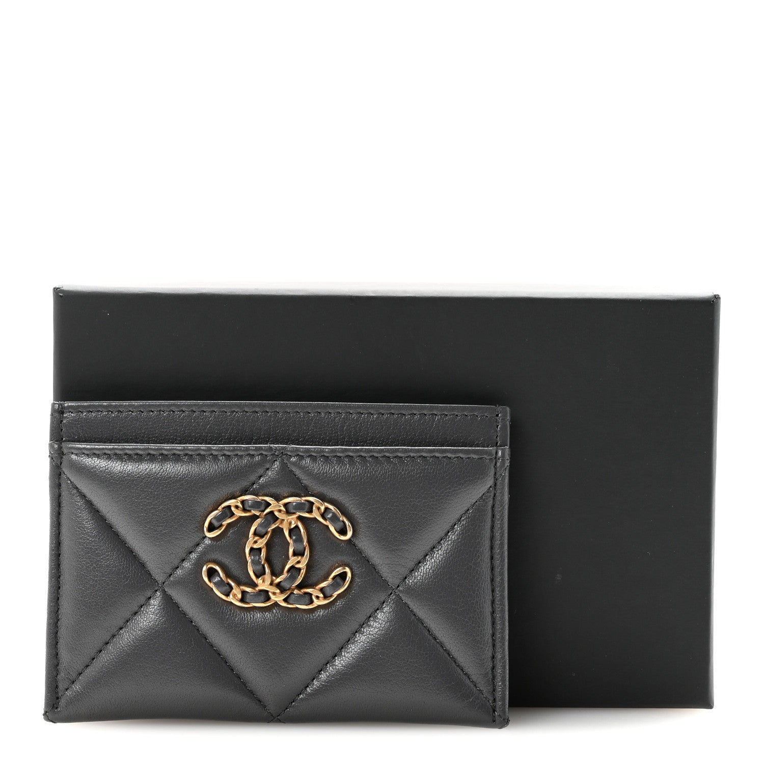 Shiny Goatskin Quilted Chanel 19 Card Holder Dark Grey