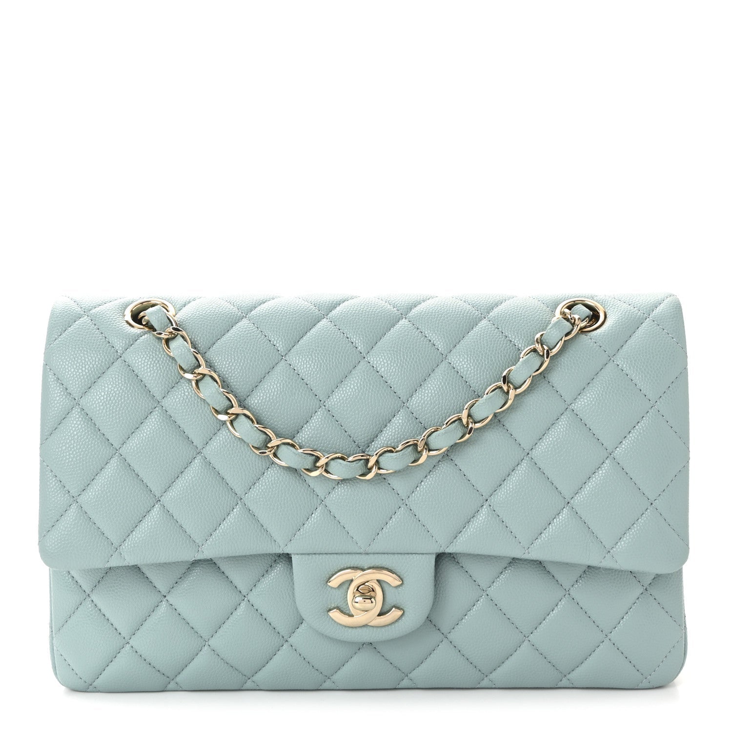 Caviar Quilted Medium Double Flap Light Blue