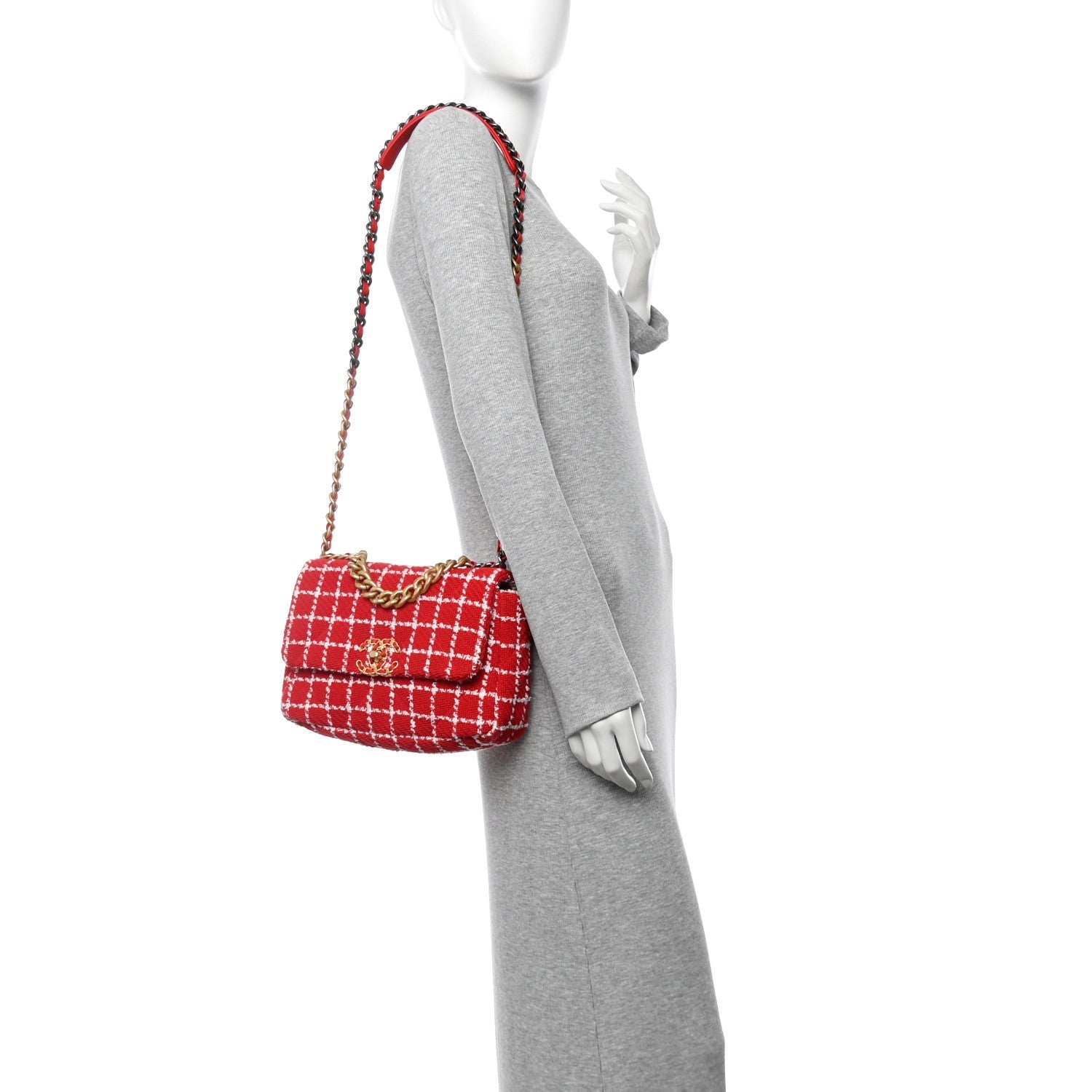 Tweed Quilted Medium Chanel 19 Flap Red White
