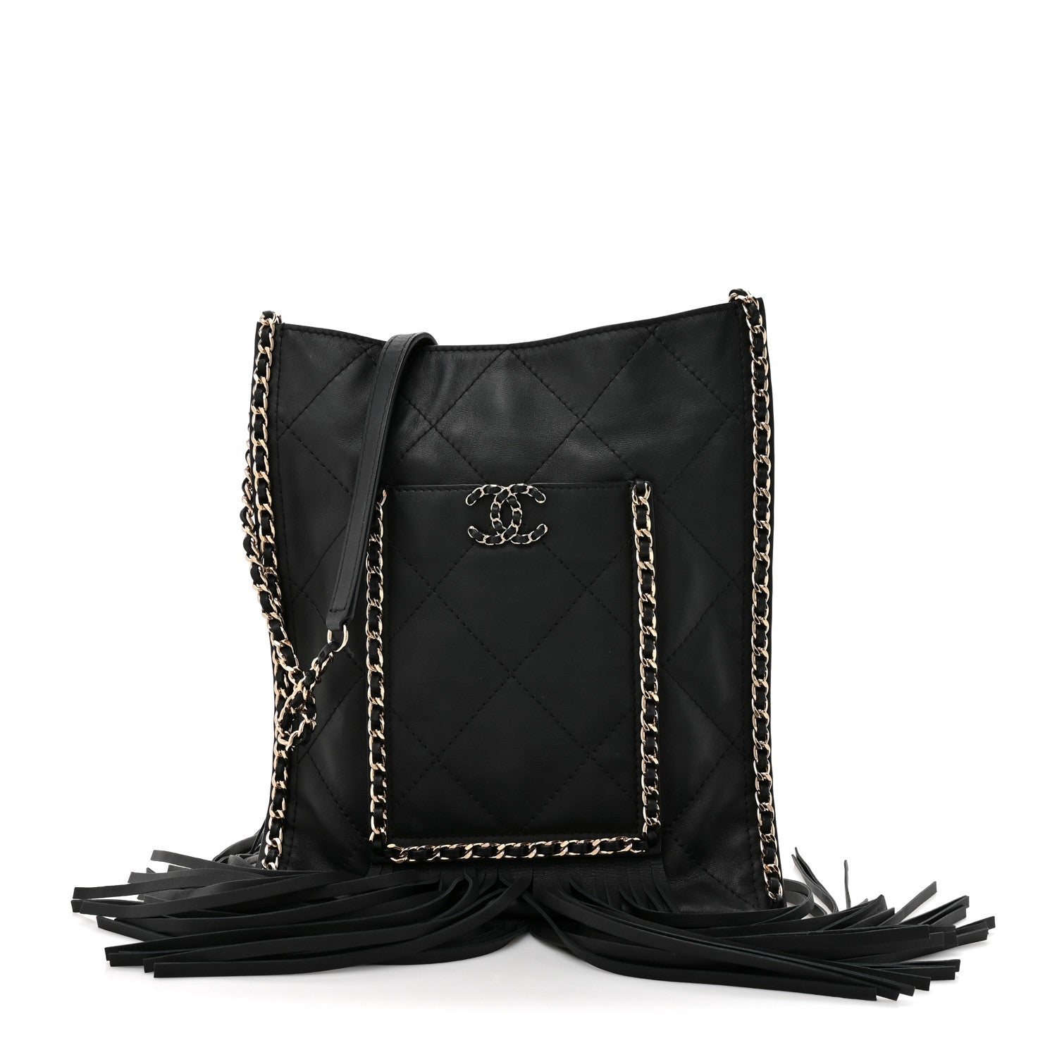 Calfskin Quilted Fringe Small Shopping Bag Black