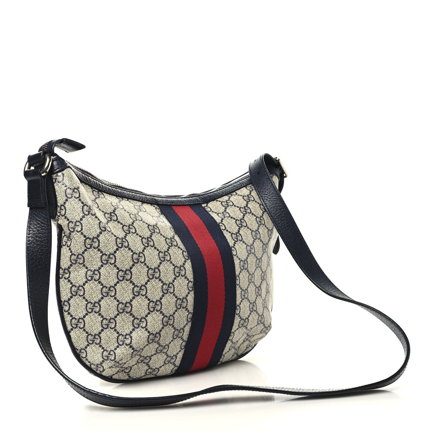 GG Supreme Monogram Textured Dollar Calfskin Web Small Ophidia Half Moon Hobo Beige Blue