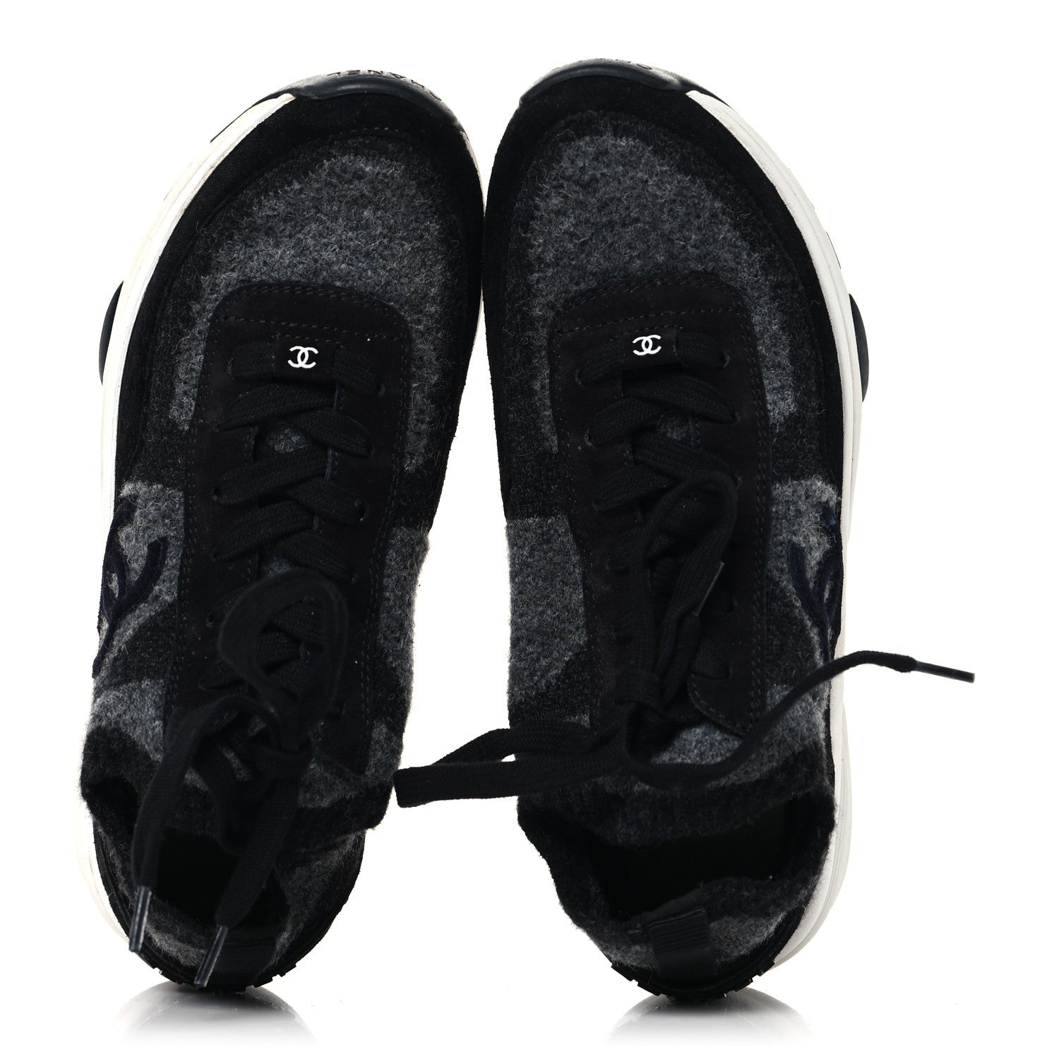 Knit Fabric Suede Calfskin Womens CC Sneakers 38.5 Black Grey