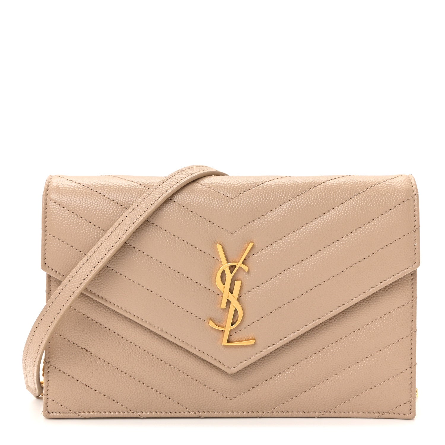 Grain De Poudre Matelasse Chevron Monogram Envelope Chain Wallet Dark Beige