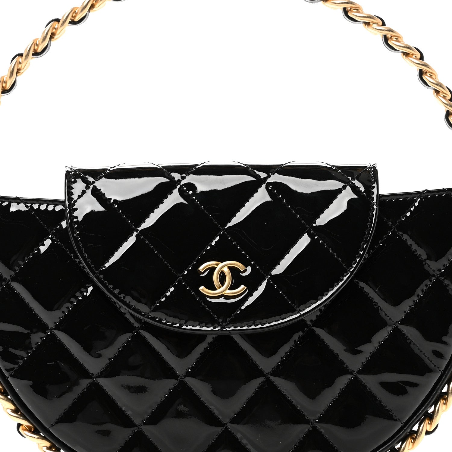 Patent Calfskin Quilted Chain Hoop Bag Black