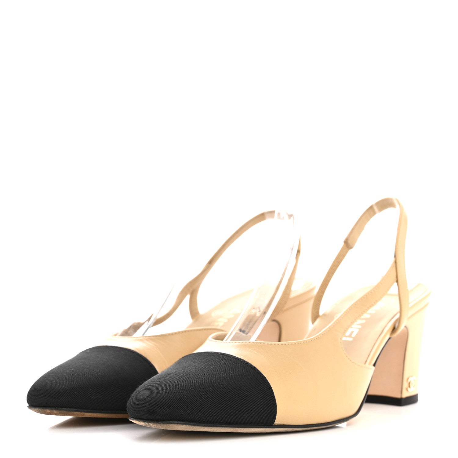 Goatskin Grosgrain Cap Toe CC Slingback Pumps 37.5 Beige Black