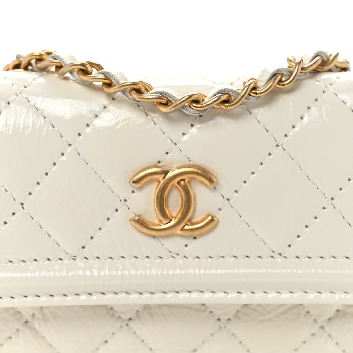 Shiny Aged Calfskin Quilted Waist Belt Bag White