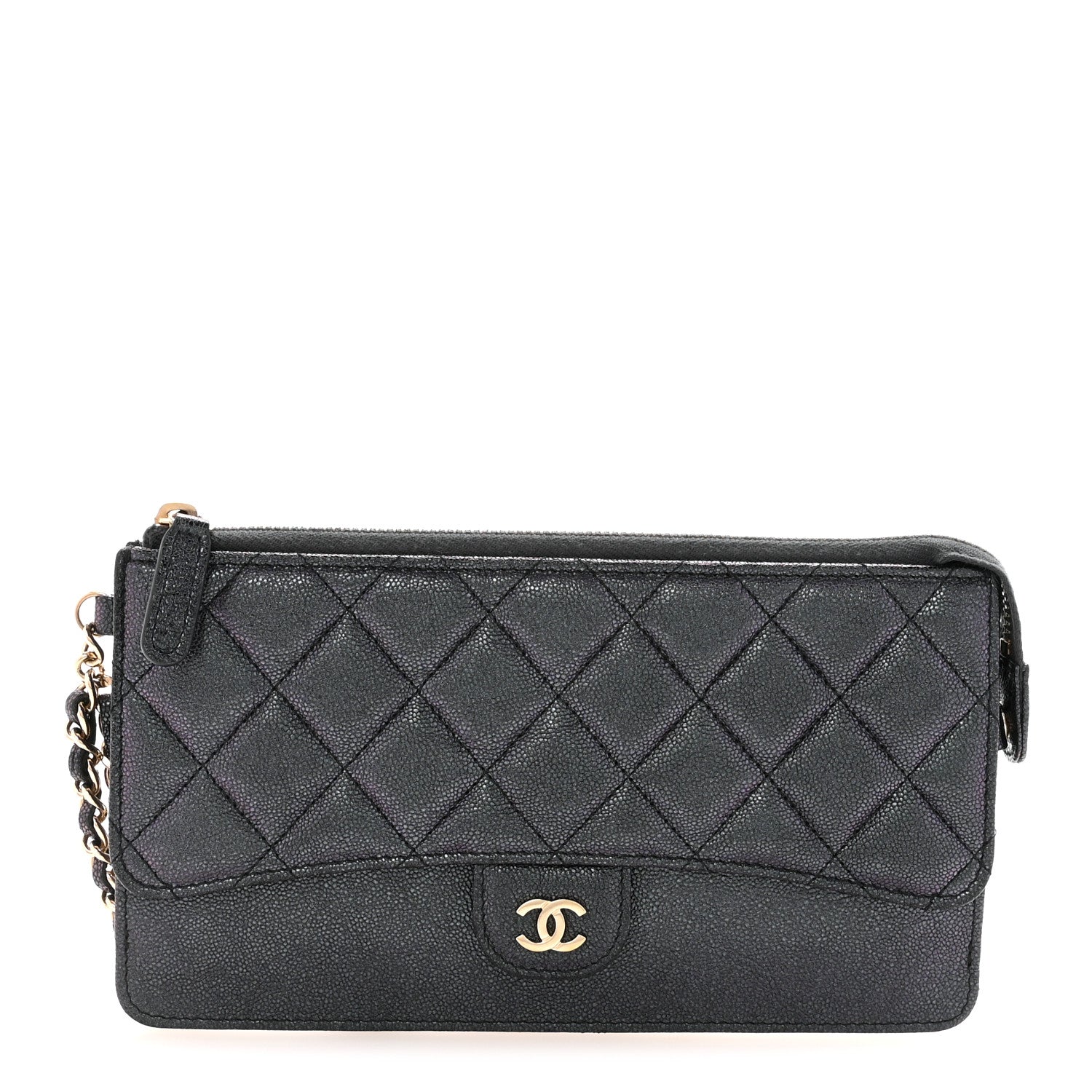 Iridescent Caviar Quilted Classic Pouch With Handle Black