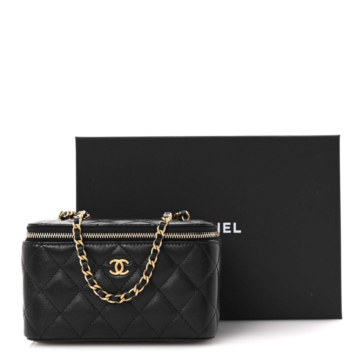 Lambskin Quilted Small Pearl Crush Vanity Case With Chain Black