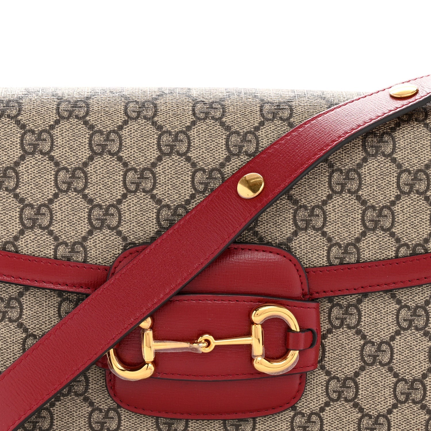 GG Supreme Monogram Azalea Calfskin Horsebit 1955 Shoulder Bag Beige Ebony New Cherry Red