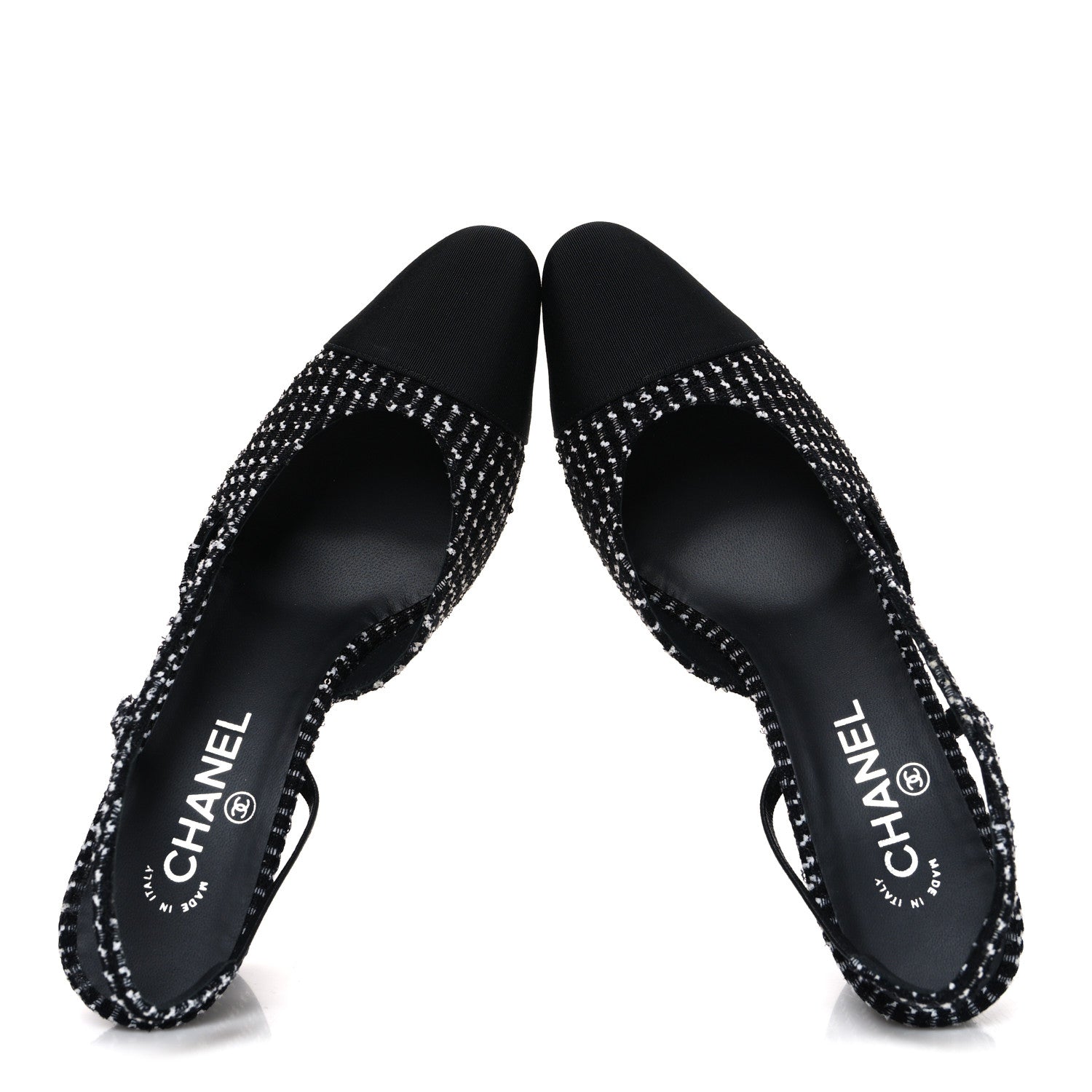 Tweed Grosgrain Cap Toe CC Slingback Pumps 40.5 Black White