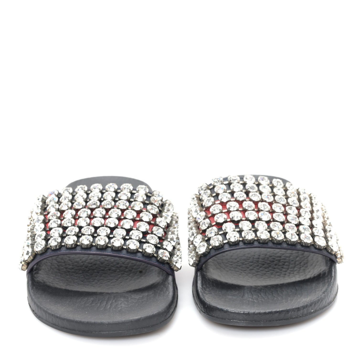 Calfskin Crystal Embellished Web Slide Sandals 36 Blue Red