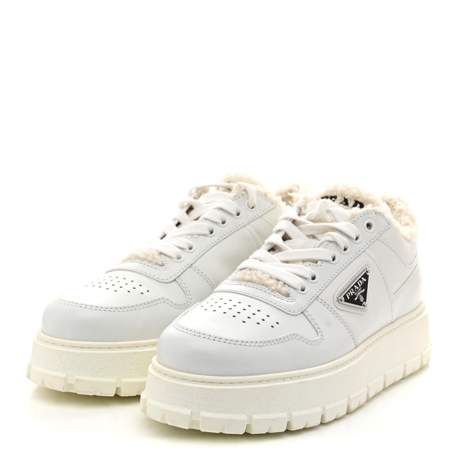 Calfskin Shearling Metal Triangle Logo Sneakers 35.5 White