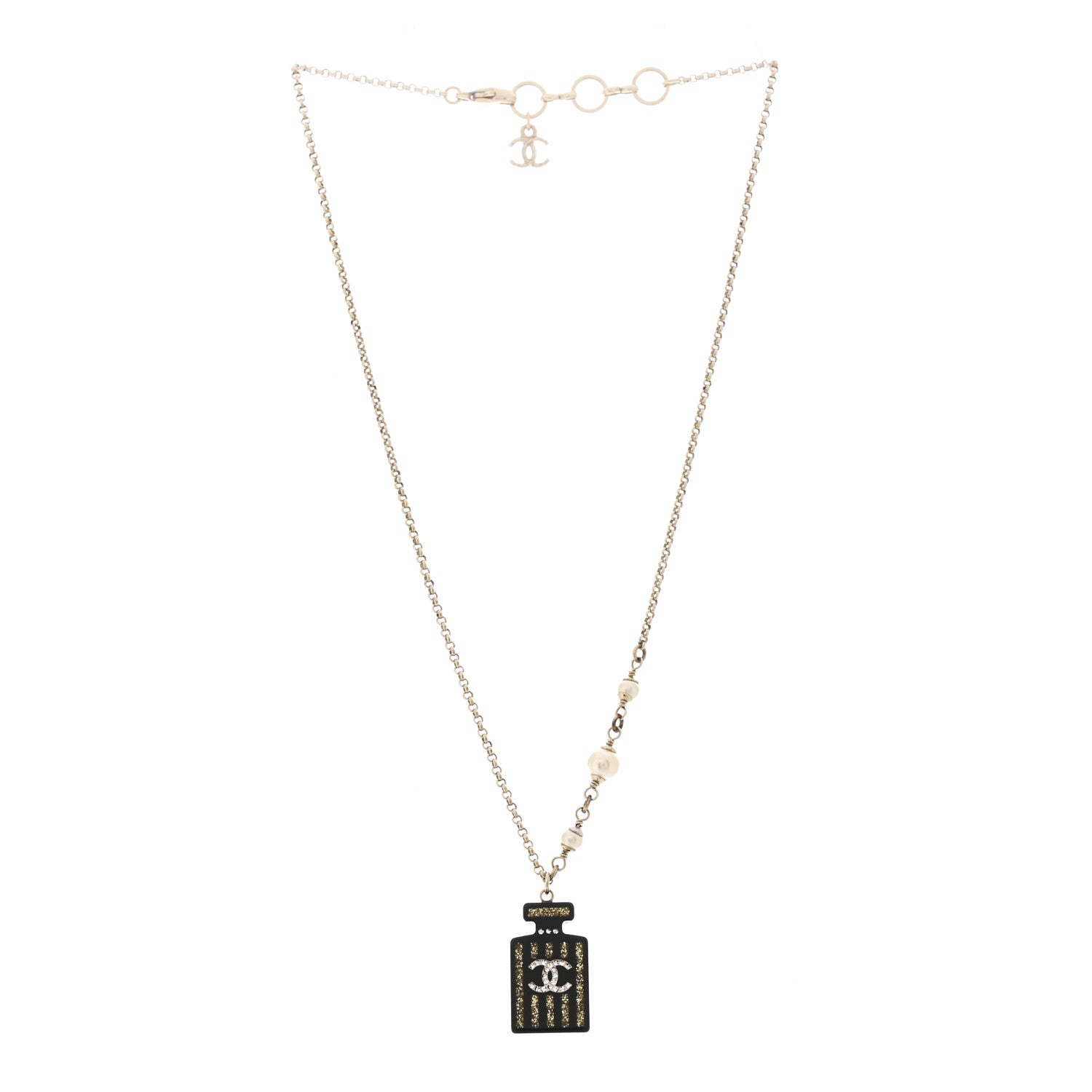 Pearl Resin Strass Perfume Bottle CC Necklace Black Gold