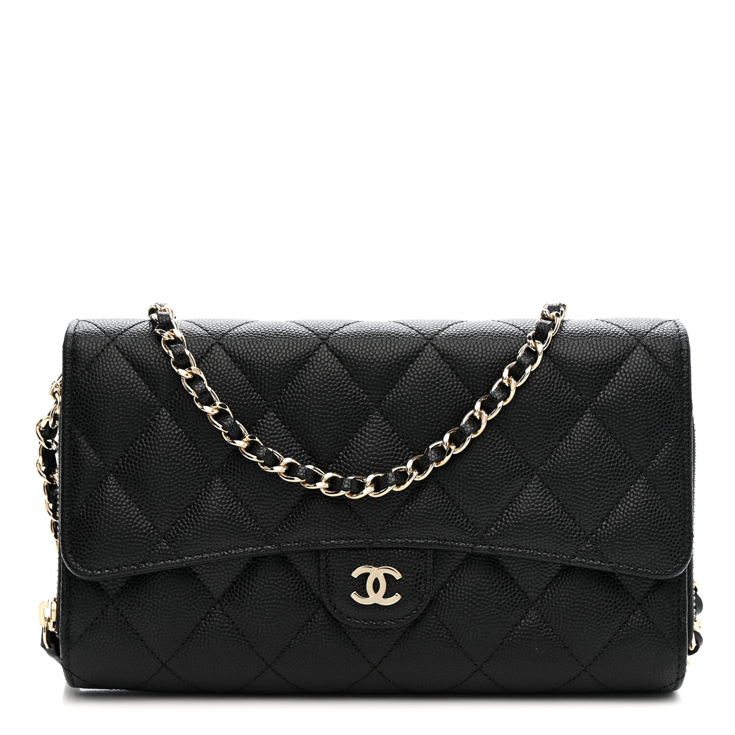 Caviar Quilted Phone Holder Wallet on Removable Chain Black
