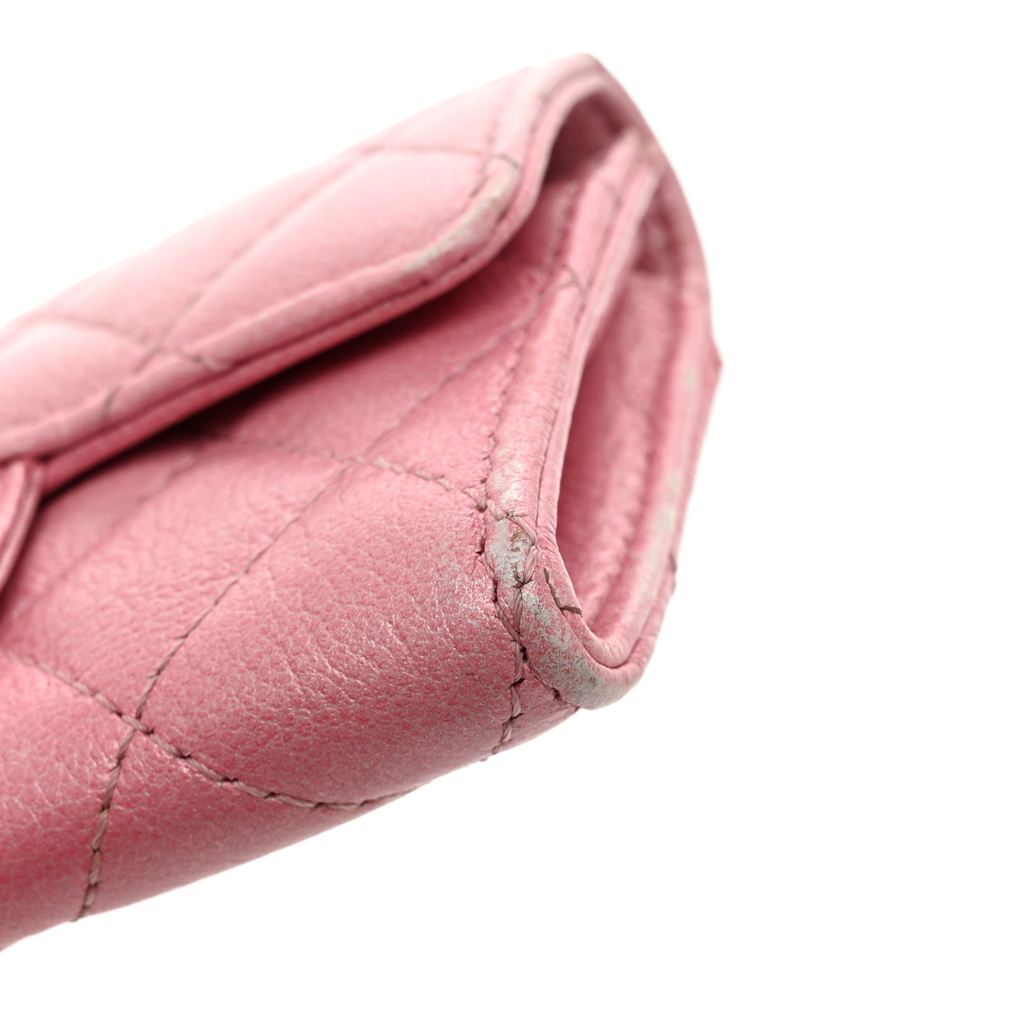 Iridescent Aged Calfskin Quilted Flap Card Holder Wallet Pink
