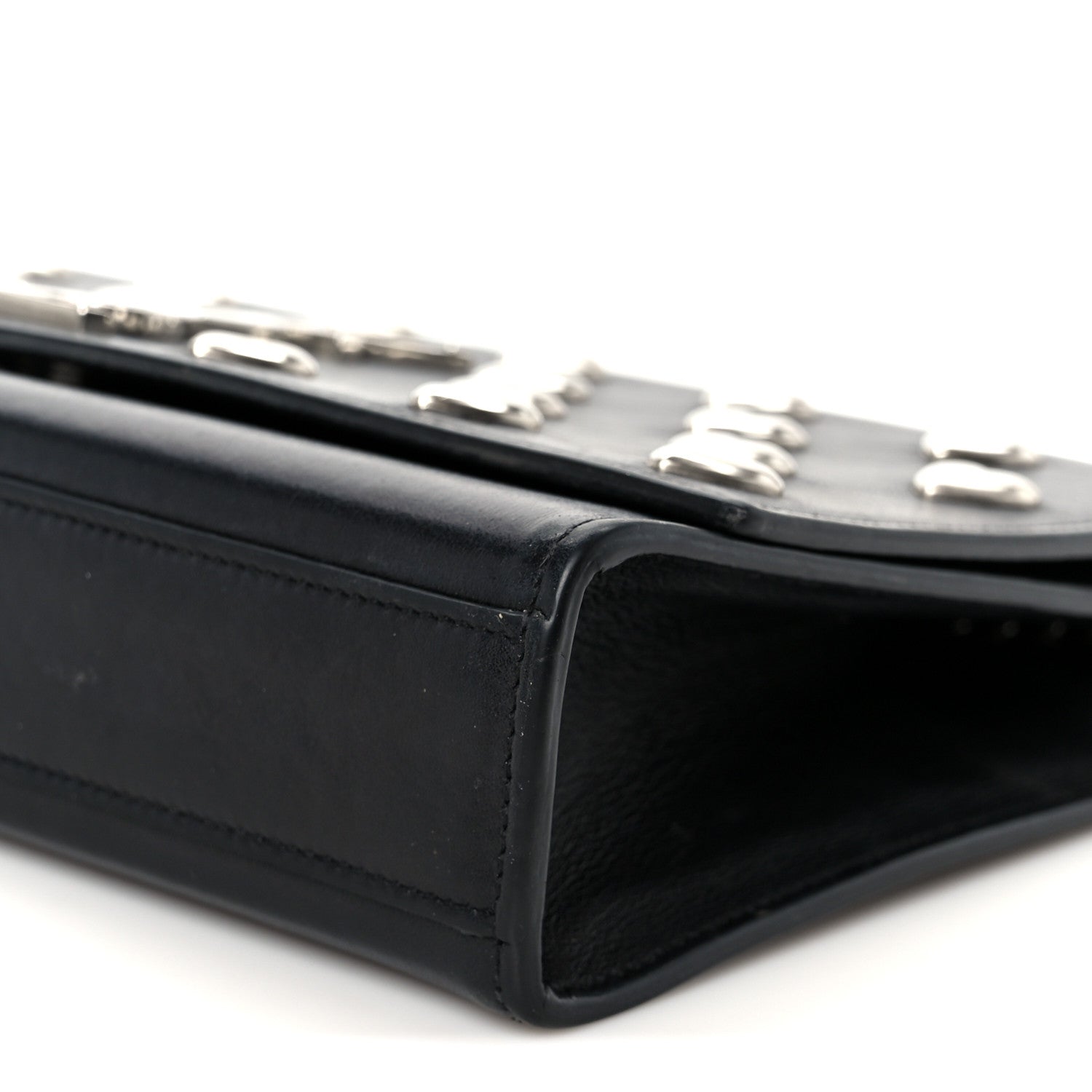 Calfskin Heart Studded Monogram Chain Wallet Black