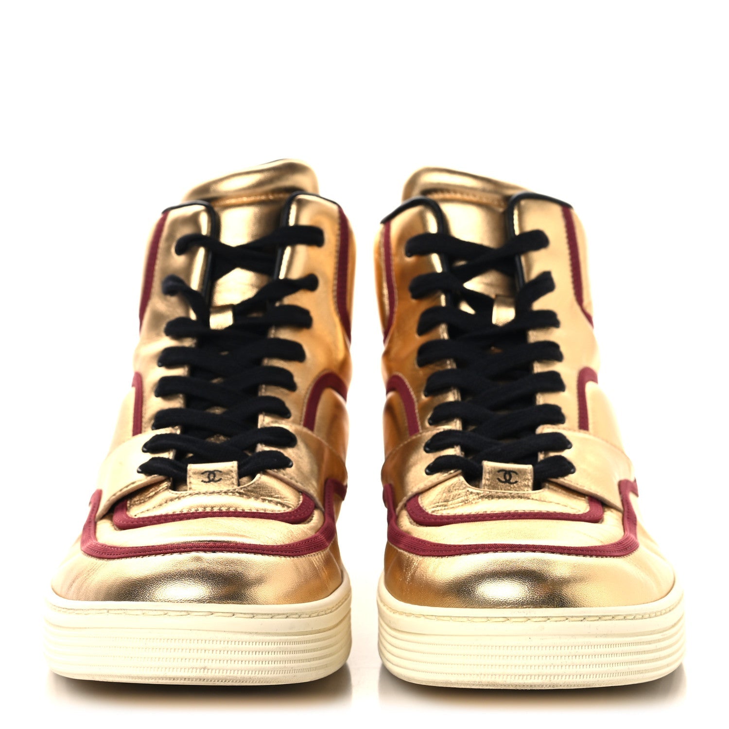 Metallic Satin Lambskin Mens Logo High Top Sneakers 45 Gold Burgundy