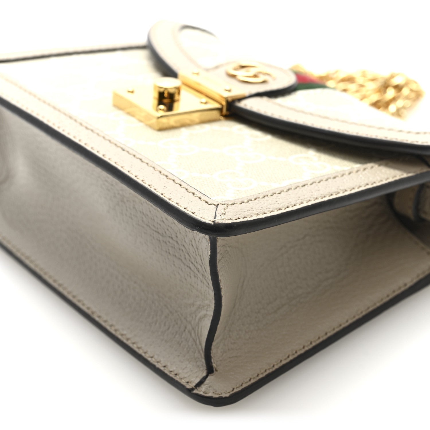 GG Supreme Monogram Textured Dollar Calfskin Web Mini Ophidia Padlock Top Handle Chain Shoulder Bag Beige Mystic White Oatmeal