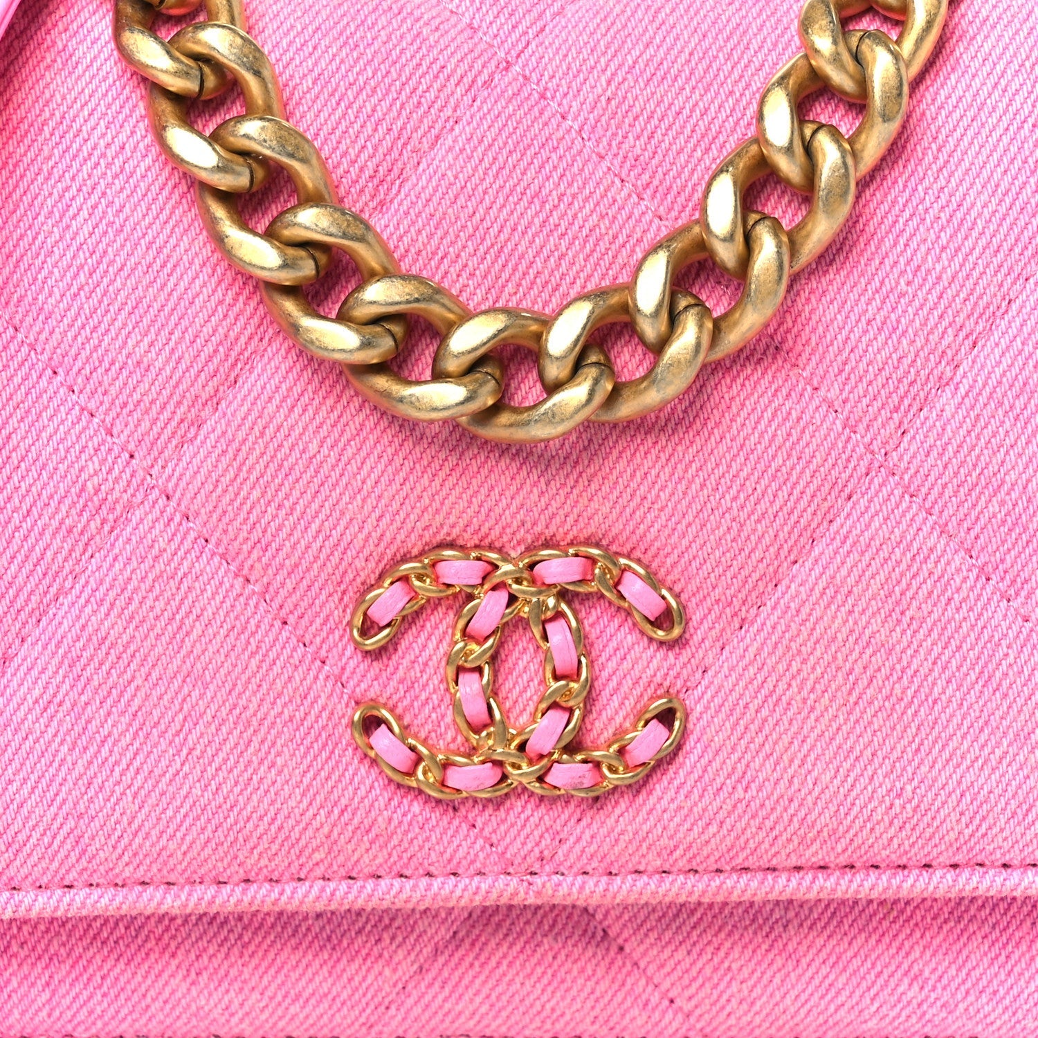 Denim Quilted Chanel 19 Wallet On Chain WOC Neon Pink