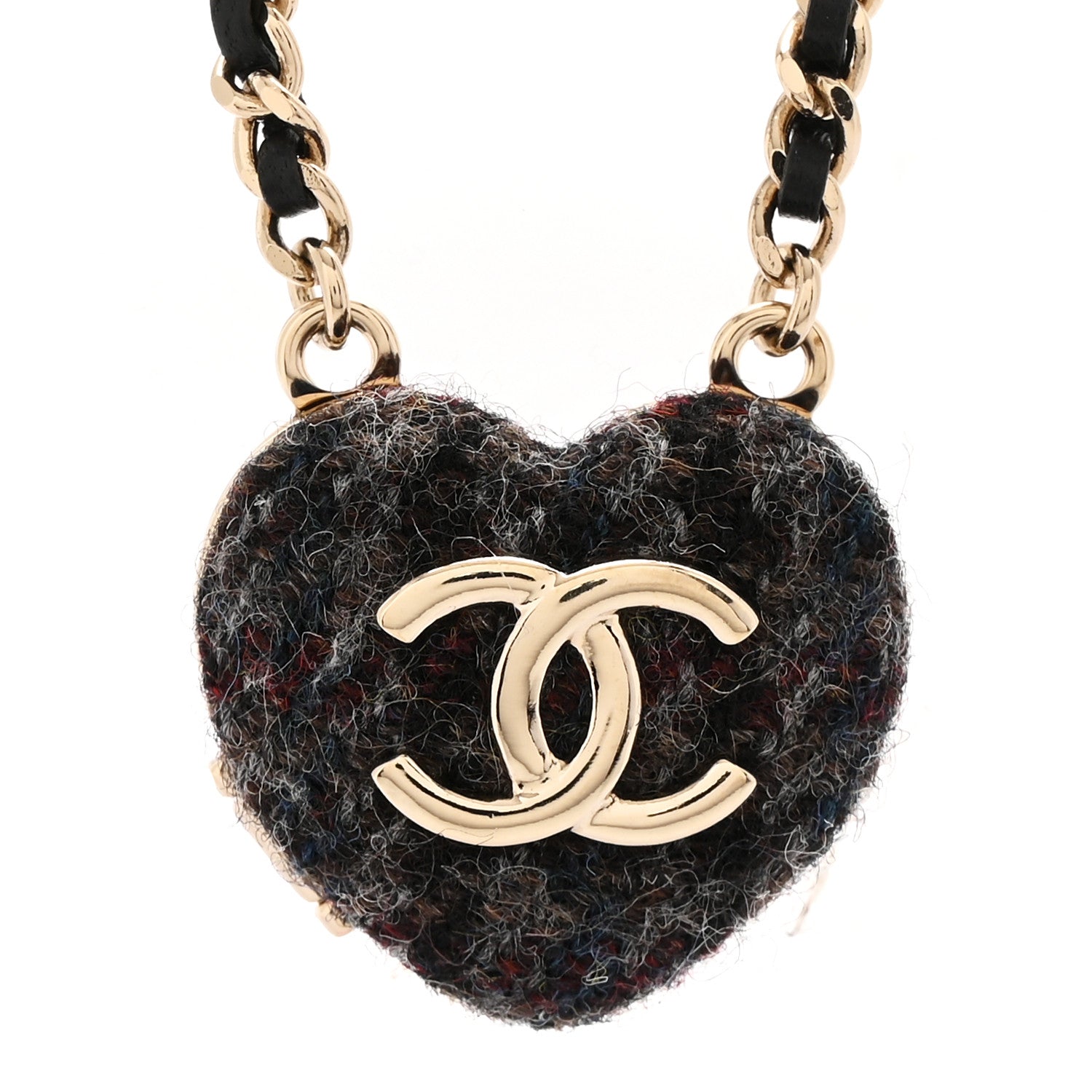 Tweed Lambskin CC Heart Locket Necklace Gold Black Beige