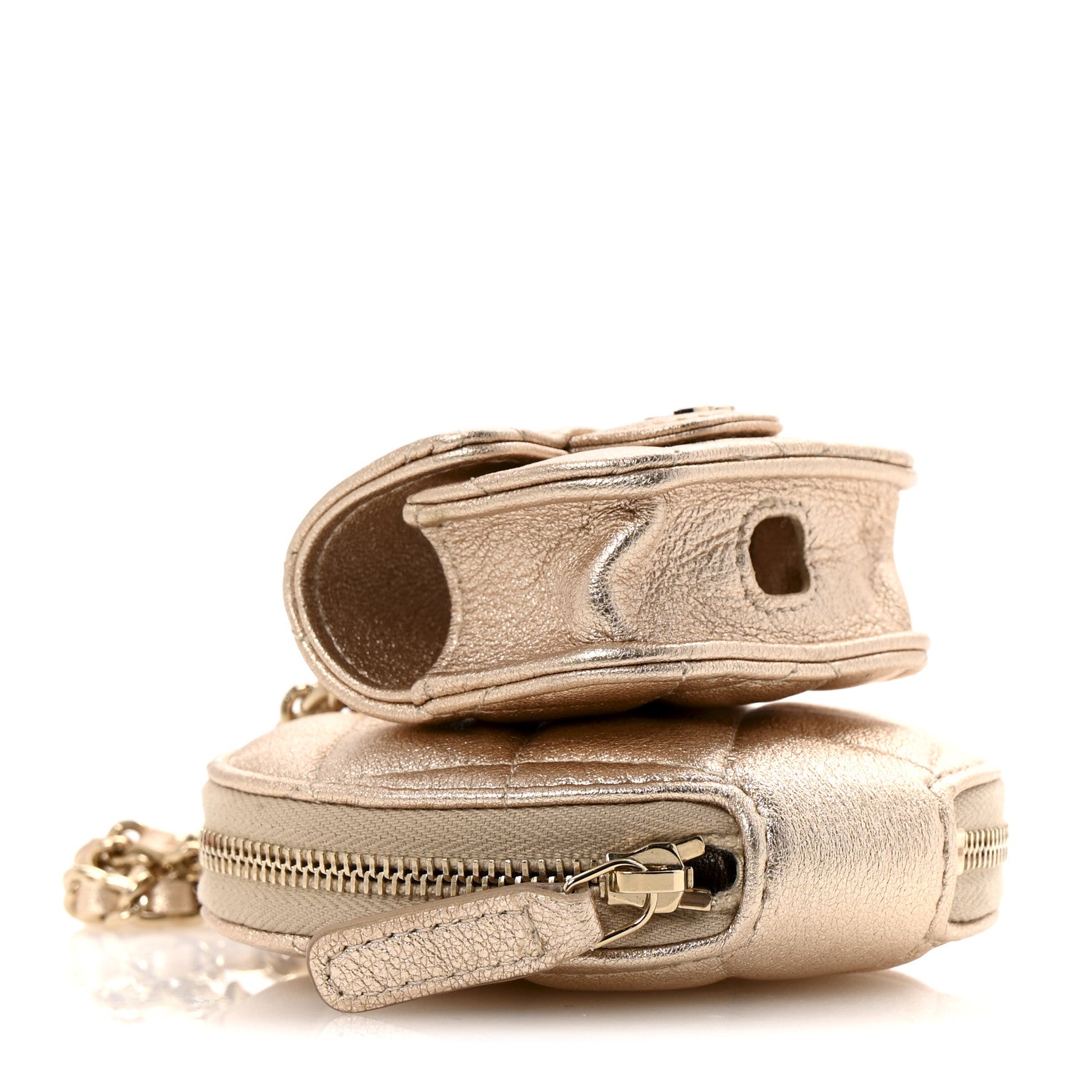 Metallic Lambskin Quilted Round Clip On Coin Purse Airpods Case Gold