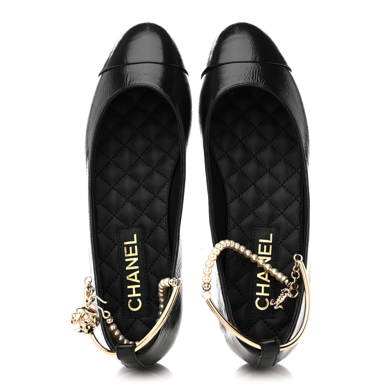 Shiny Lambskin Pearl Cap Toe Ankle Chain Ballerina Flats 39 Black