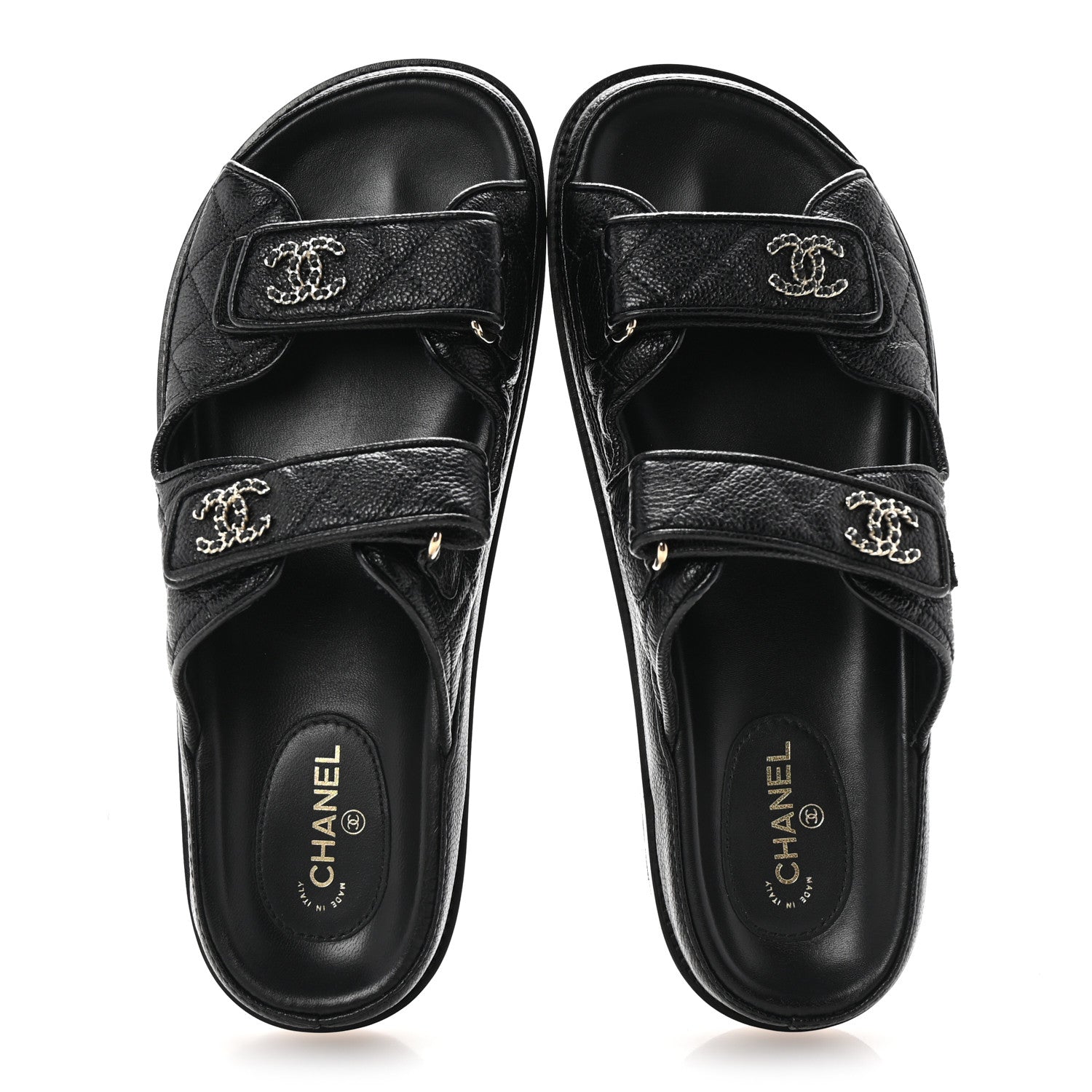 Grained Calfskin Quilted Velcro Dad Chain CC Slide Sandals 40 Black