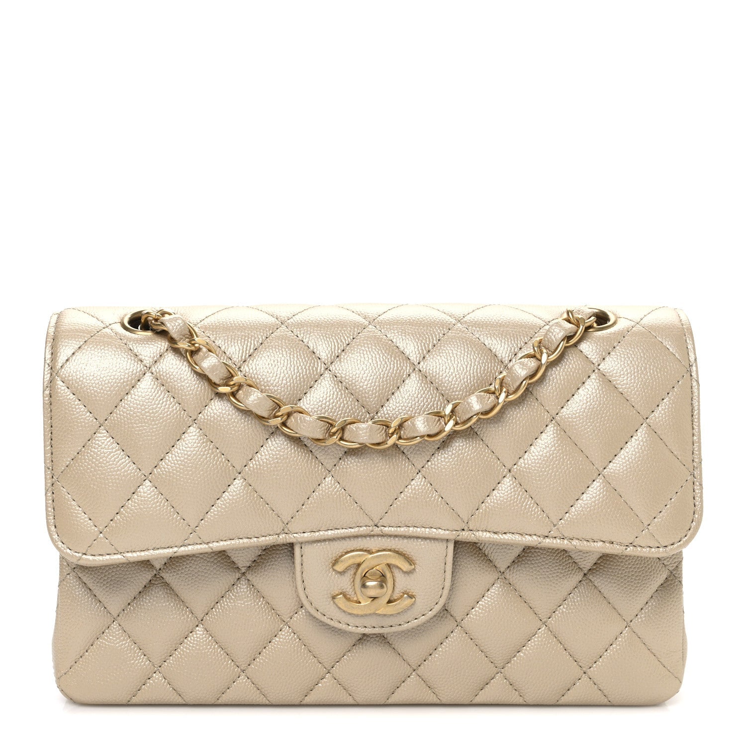 Metallic Caviar Quilted Small Double Flap Gold